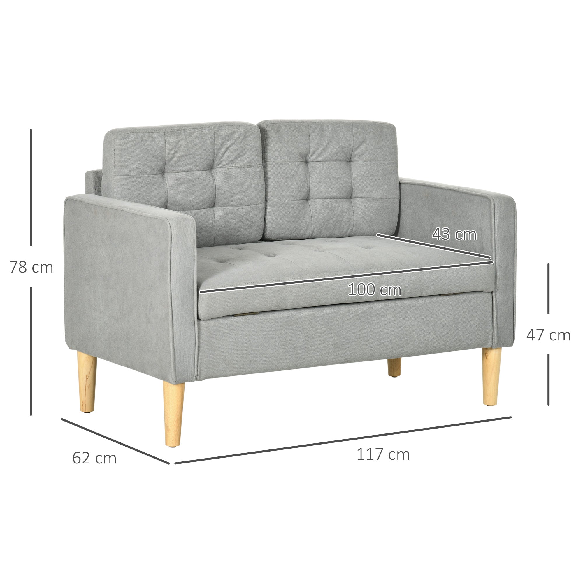 HOMCOM Modern 2 Seater Sofa with Hidden Storage, 117cm Tufted Cotton Couch with Wood Legs, Compact Loveseat for Living Room, Kitchen, Light Grey - North Peak Garden Furniture