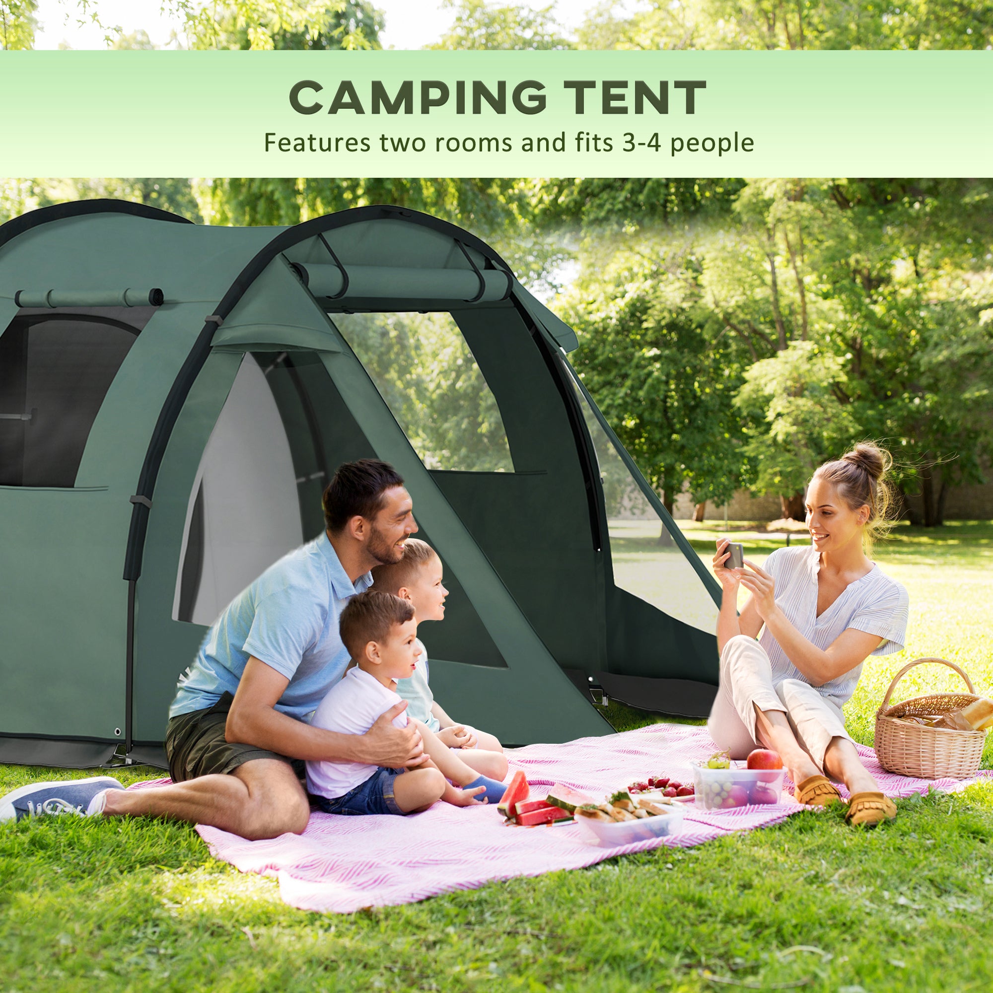 Outsunny Two Room Tunnel Tent Camping Tent for 3-4 Man with Windows, Covers, Carry Bag, for Fishing, Hiking, Sports, Green - North Peak Garden Furniture