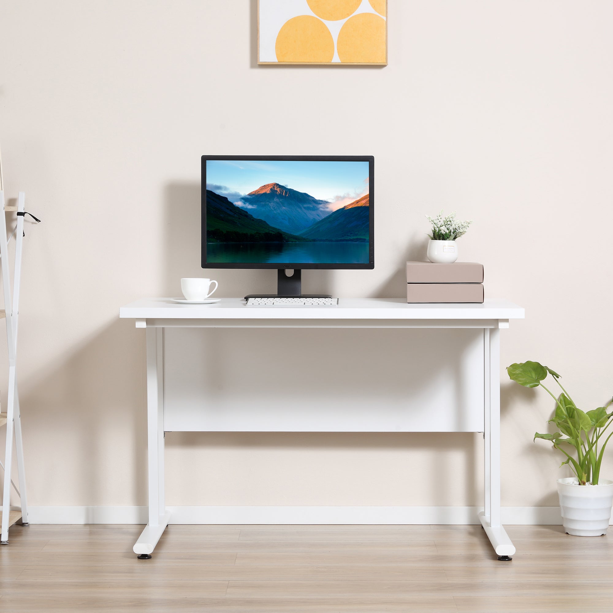 HOMCOM Computer Desk, Home Office Desk, Writing Table, 120x60x75cm Laptop Workstation with 2 Cable Management Holes, C Shaped Metal Legs for Adults, White - North Peak Garden Furniture