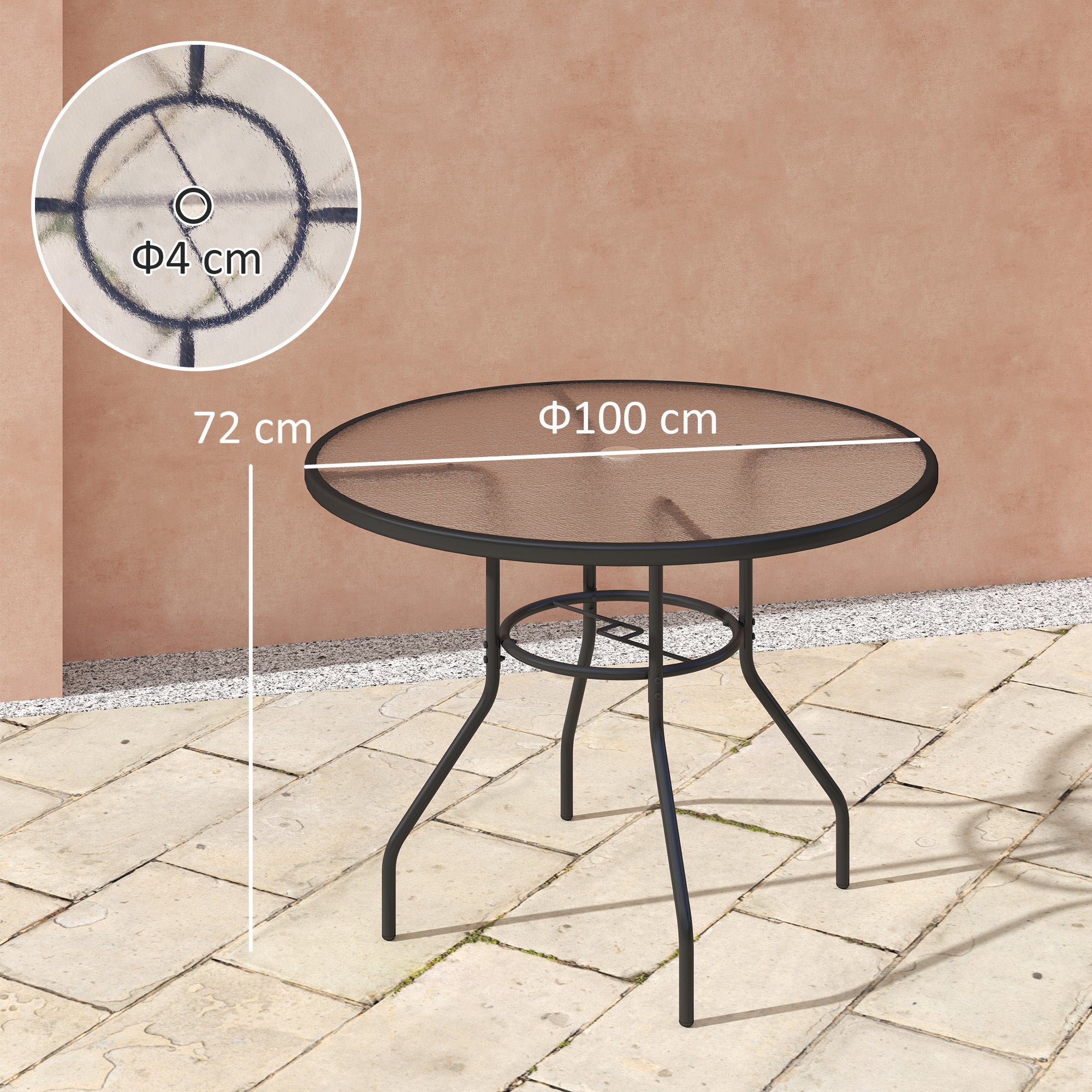 Outsunny 100 cm Round Dining Table with Parasol Hole, Outdoor Coffee End Side Table with Tempered Glass Top, Steel Frame for Garden, Black - North Peak Garden Furniture