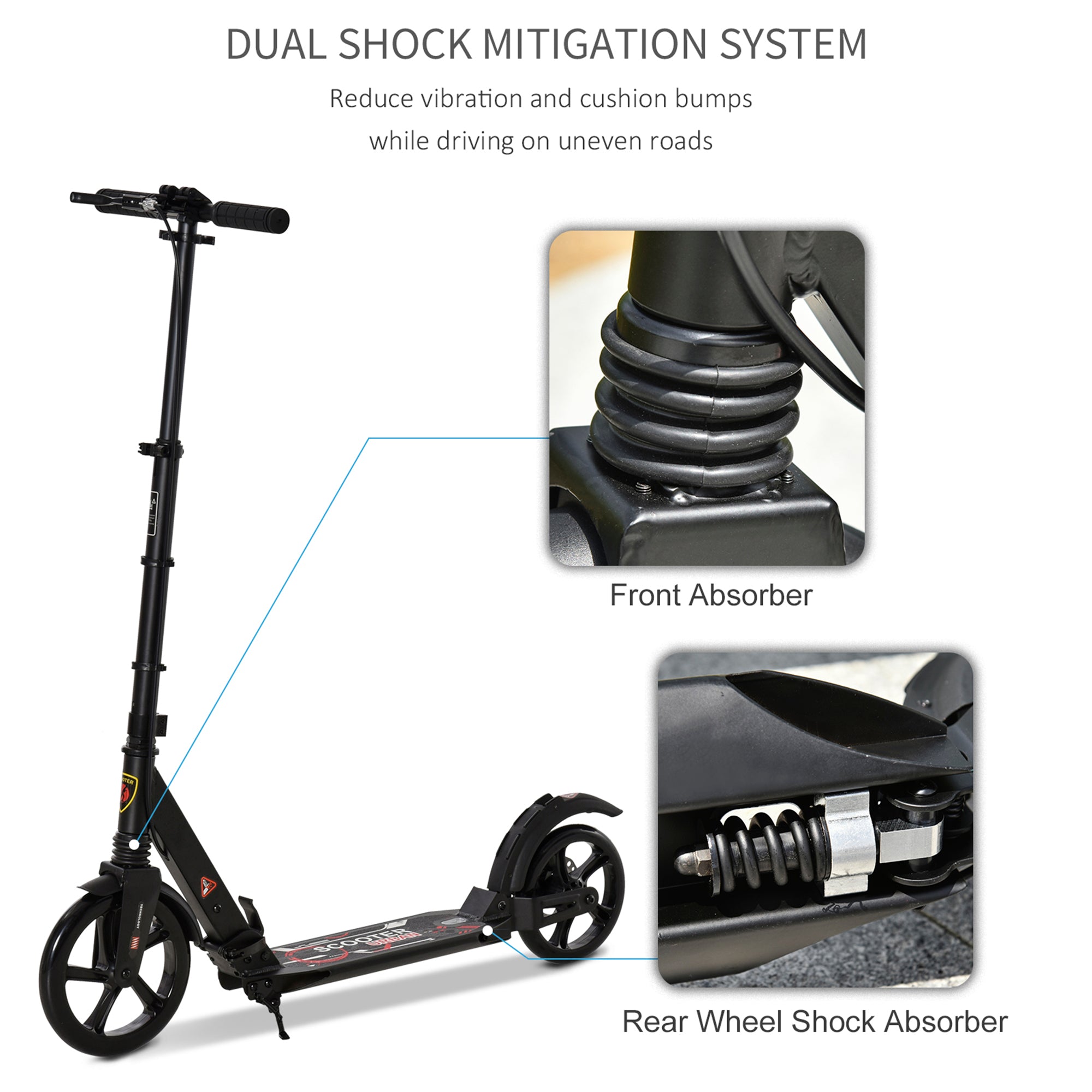 HOMCOM Kick Scooter, Folding 2 Wheel Scooter for 14+ Teens Adults, with Dual Brake System, Dual Suspension, 230mm Big Wheels, 3 Adjustable Handlebar, up to 100KG, Black - North Peak Garden Furniture