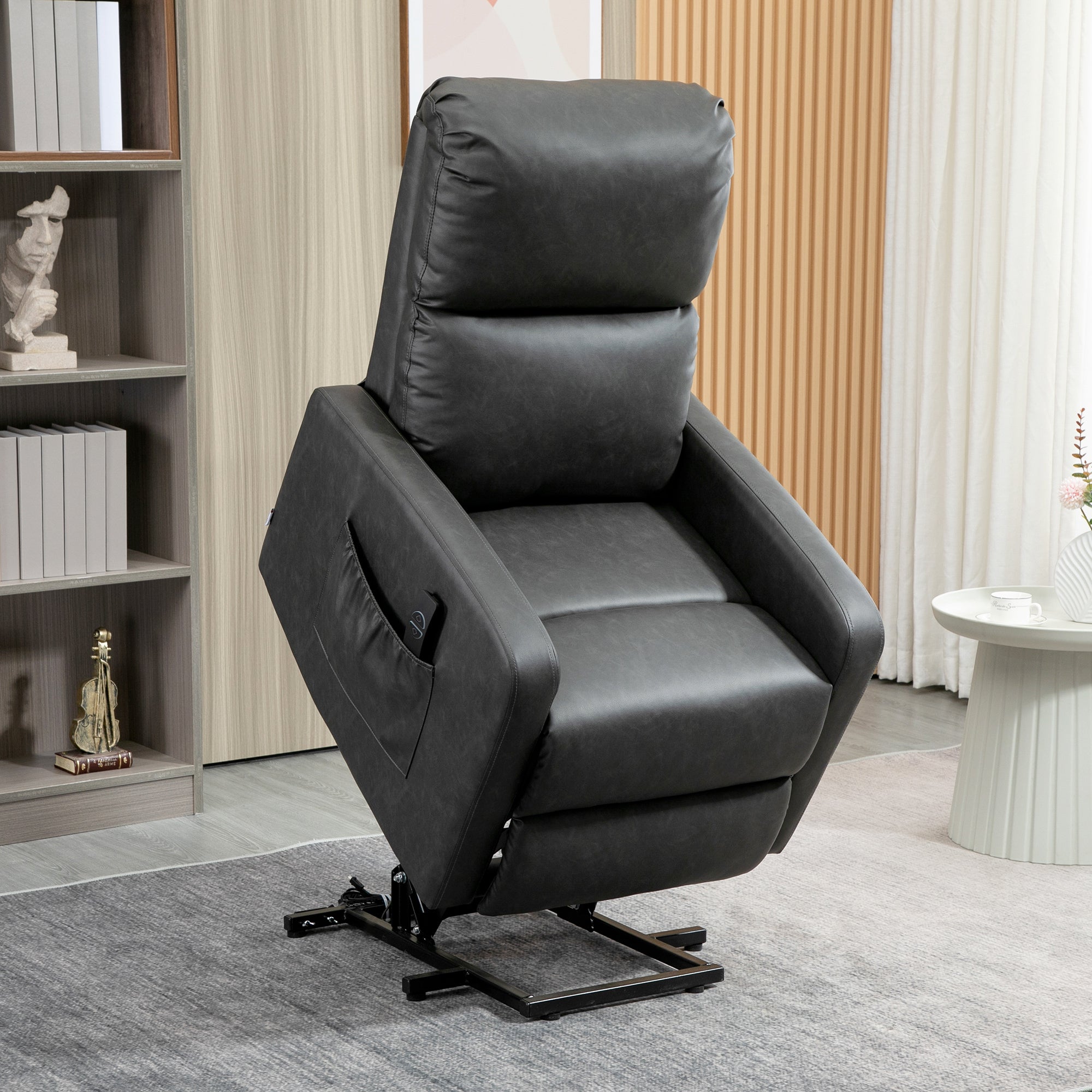 HOMCOM Riser and Recliner Chair for the Elderly, PU Leather Upholstered Lift Chair for Living Room with Remote Control, Side Pockets, Charcoal Grey