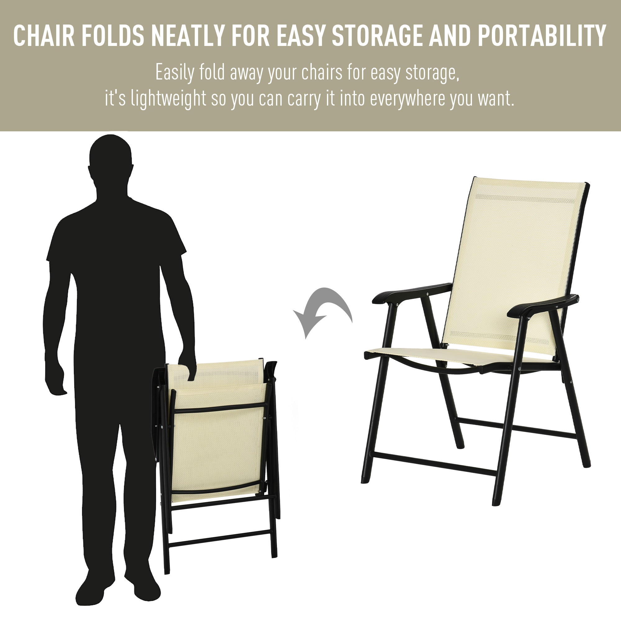 Outsunny Set of 2 Folding Garden Chairs, Metal Frame Garden Chairs Outdoor Patio Park Dining Seat with Breathable Mesh Seat, Beige - North Peak Garden Furniture