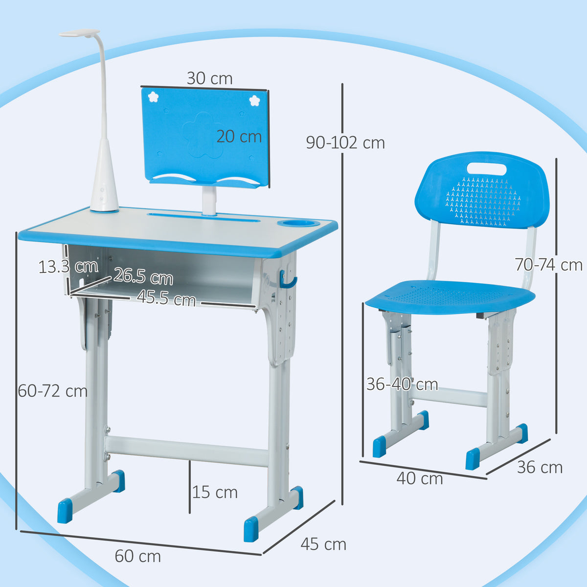 HOMCOM Kids Desk and Chair Set Adjustable Height Study Table Set with Drawer, Book Stand, Pen Slot - Blue