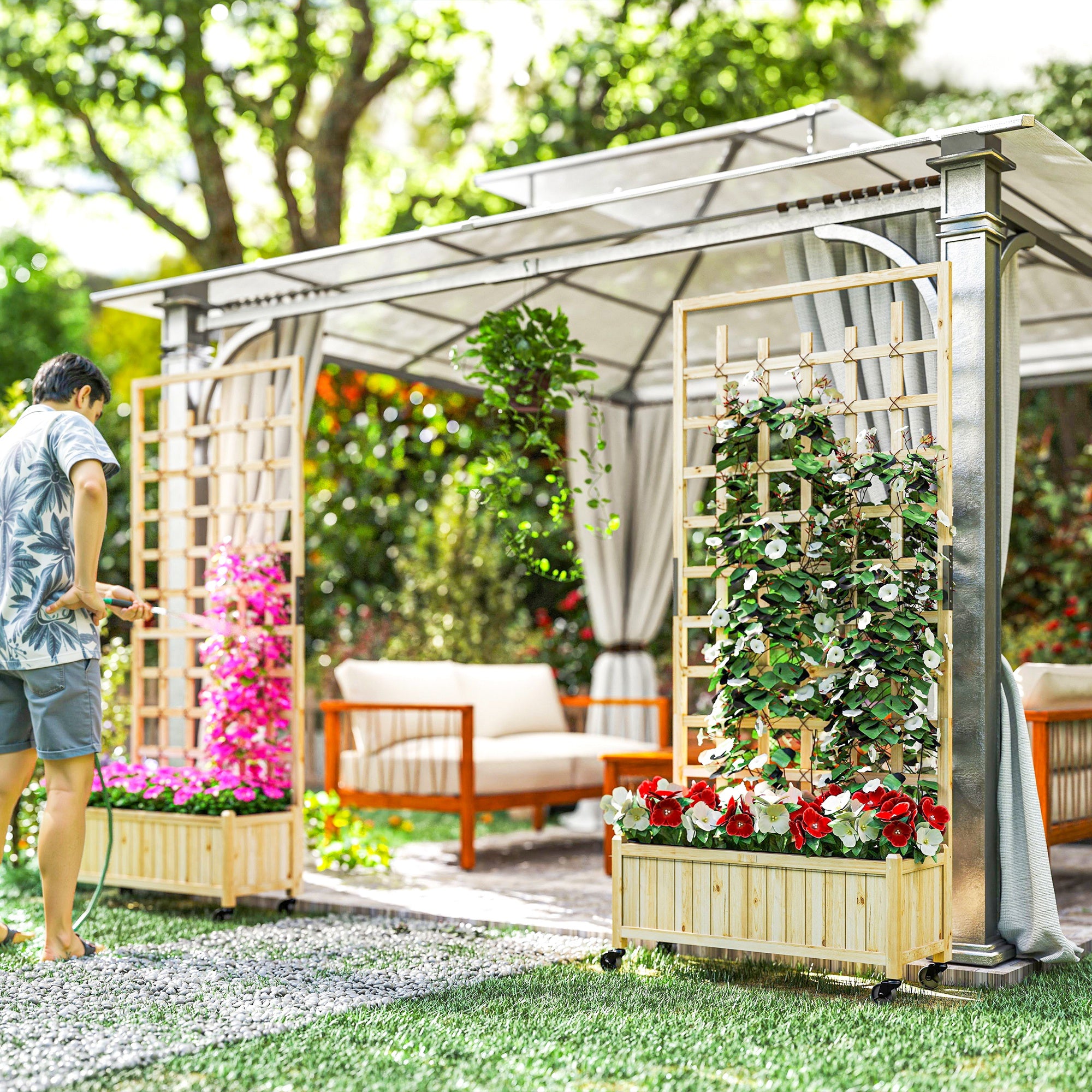 Outsunny Wooden Trellis Planter, Raised Garden Bed with Wheels and Bed Liner, to Climb and Grow Vegetables, Herbs and Flowers