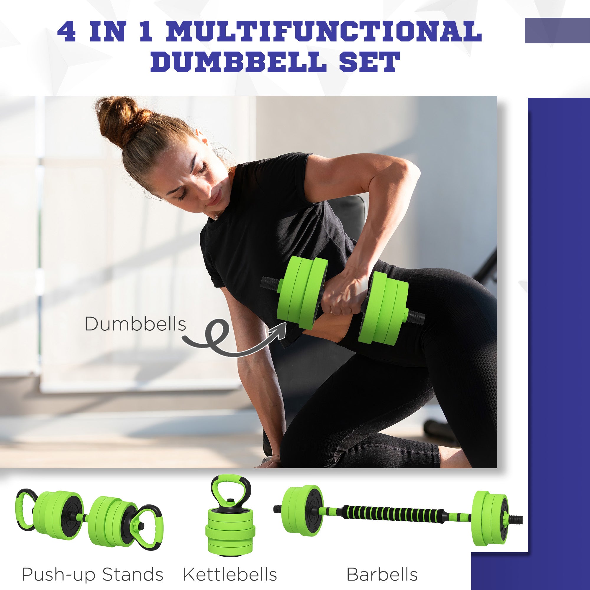 SPORTNOW 20kg Four-In-One Adjustable Weight Dumbbells Set, Barbell, Kettlebell, Push Up Stand - Green - North Peak Garden Furniture