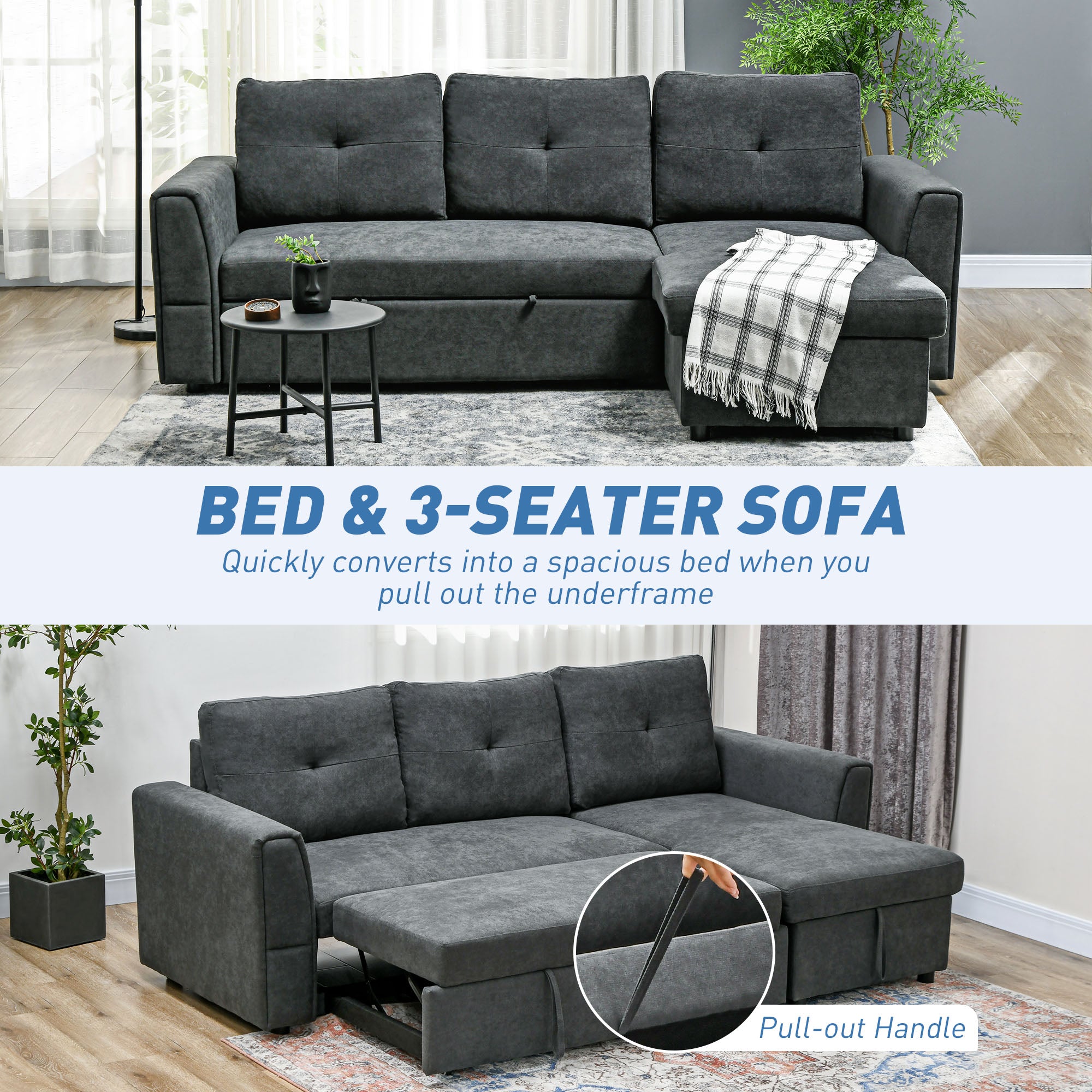 HOMCOM 3 Seater Sofa Bed, L-Shaped Corner Sofa, Pull Out Sofa with Storage, Convertible Click Clack Settee Sectional Sleeper Futon for Living Room, Office, Dark Grey - North Peak Garden Furniture
