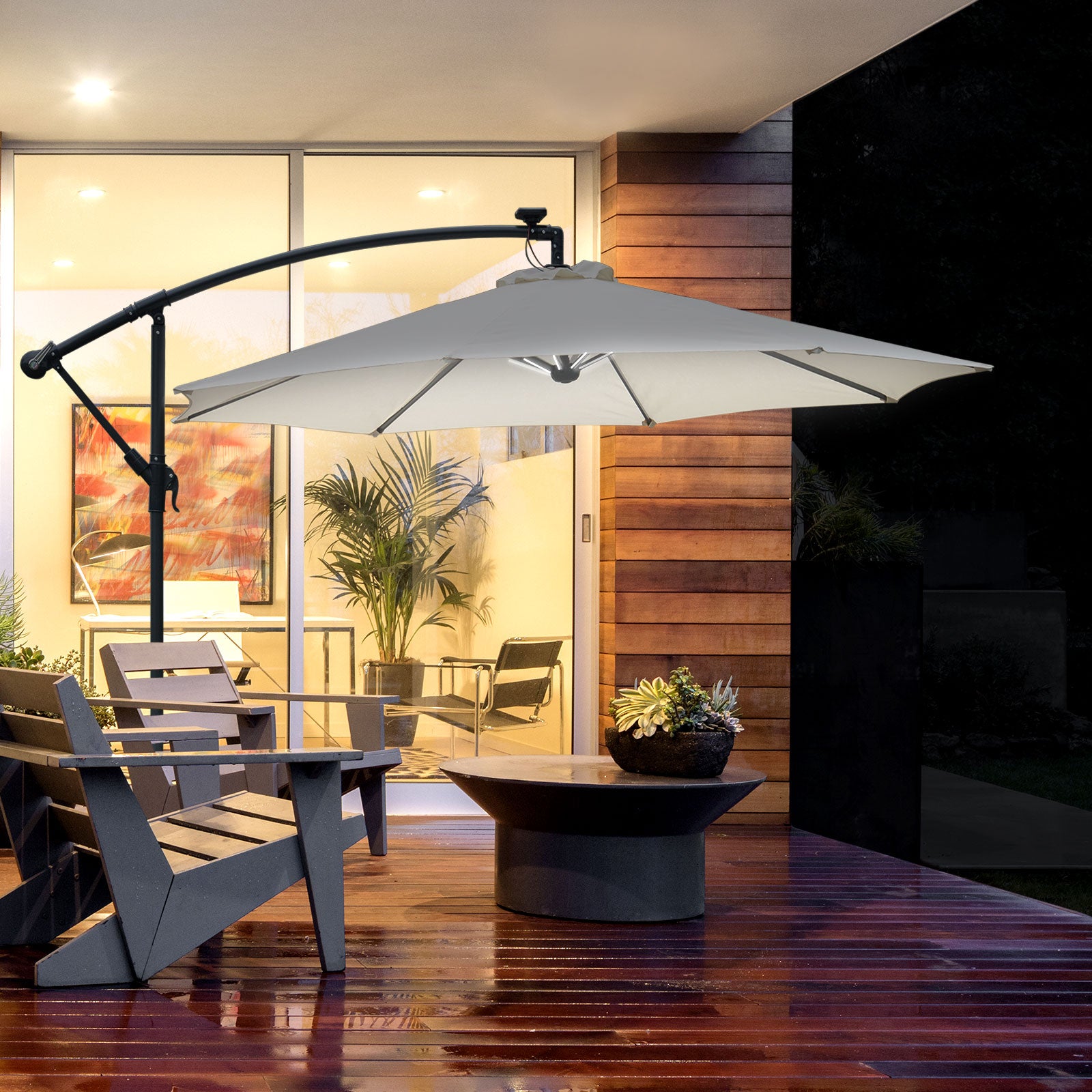 Outsunny Umbrella Parasol W/Solar Powered LED strips, Φ2.95x2.45H m-Cream
