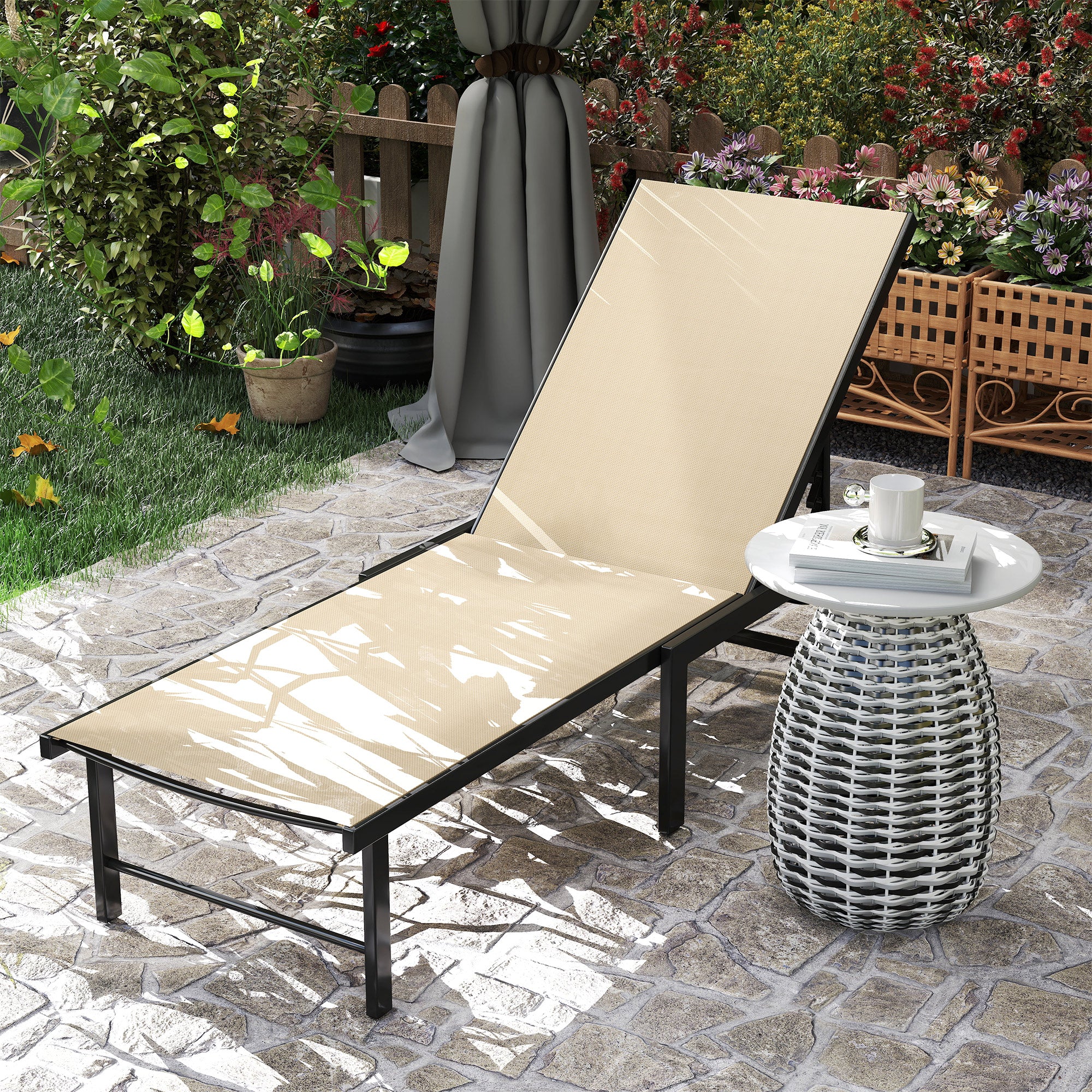 Outsunny Sun Lounger for Garden, 5-Level Adjustable Reclining Sun Lounger Chair, Flat Garden Lounger Sunbed with Texteline Seat, Steel Frame for Patio, Beach, Khaki - North Peak Garden Furniture