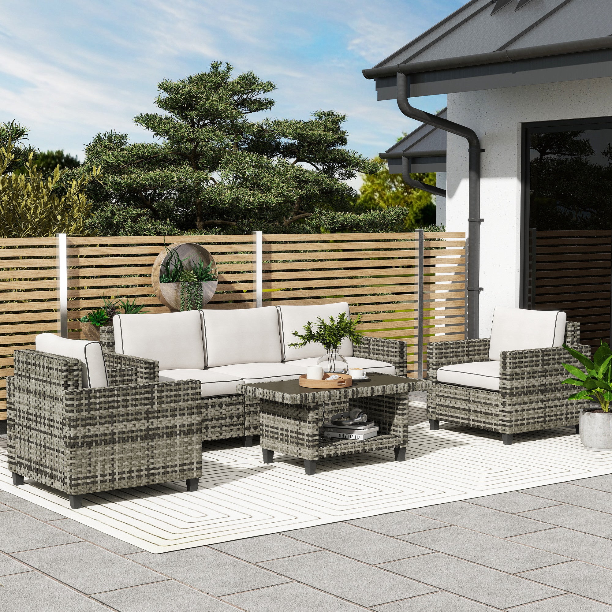 Outsunny Six-Piece Modular Rattan Sofa Set - Light Grey - North Peak Garden Furniture