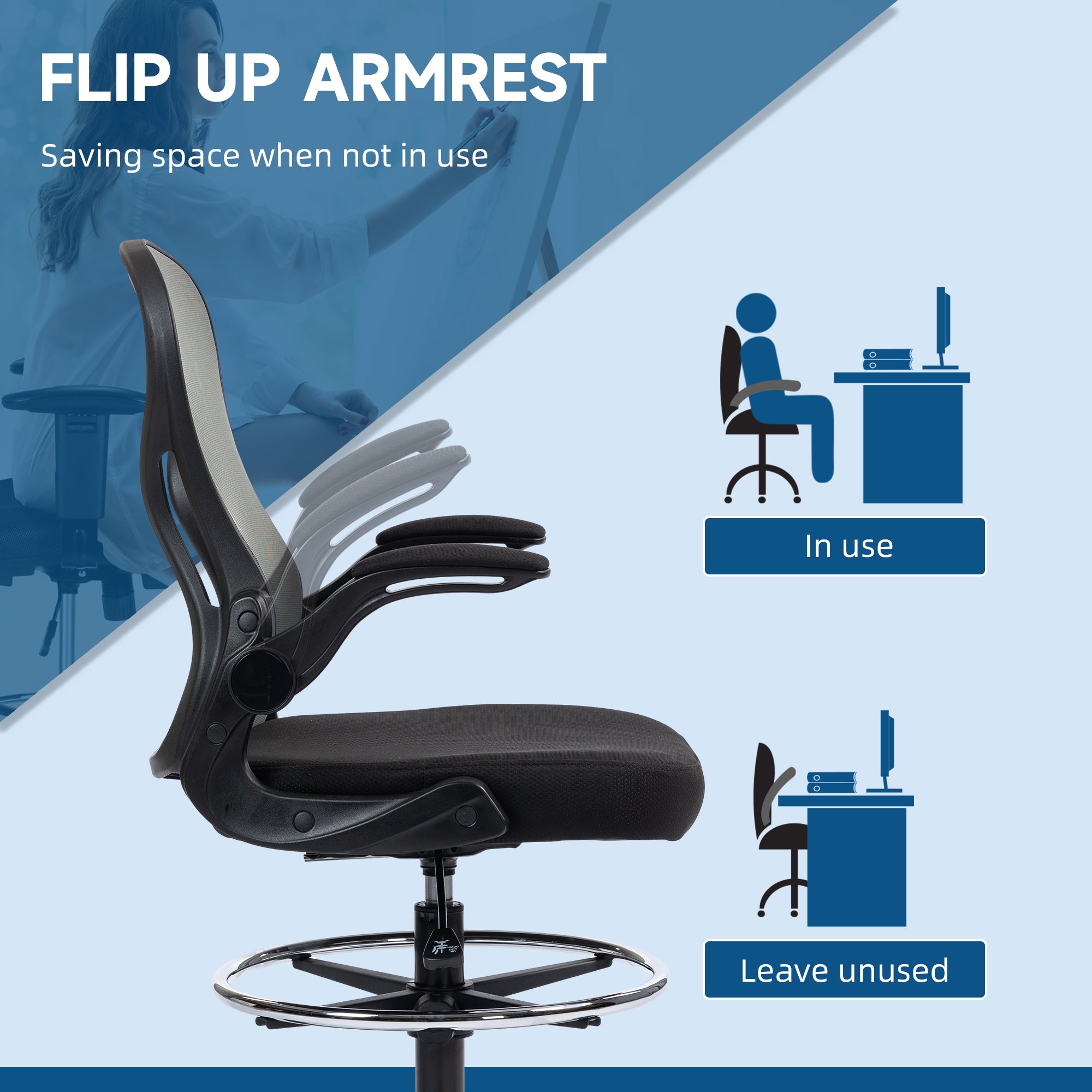 Vinsetto Adjustable Mesh Standing Desk Chair with Flip-up Armrests Lumbar Support Armrests Adjustable Footrest Ring, Dark Grey - North Peak Garden Furniture