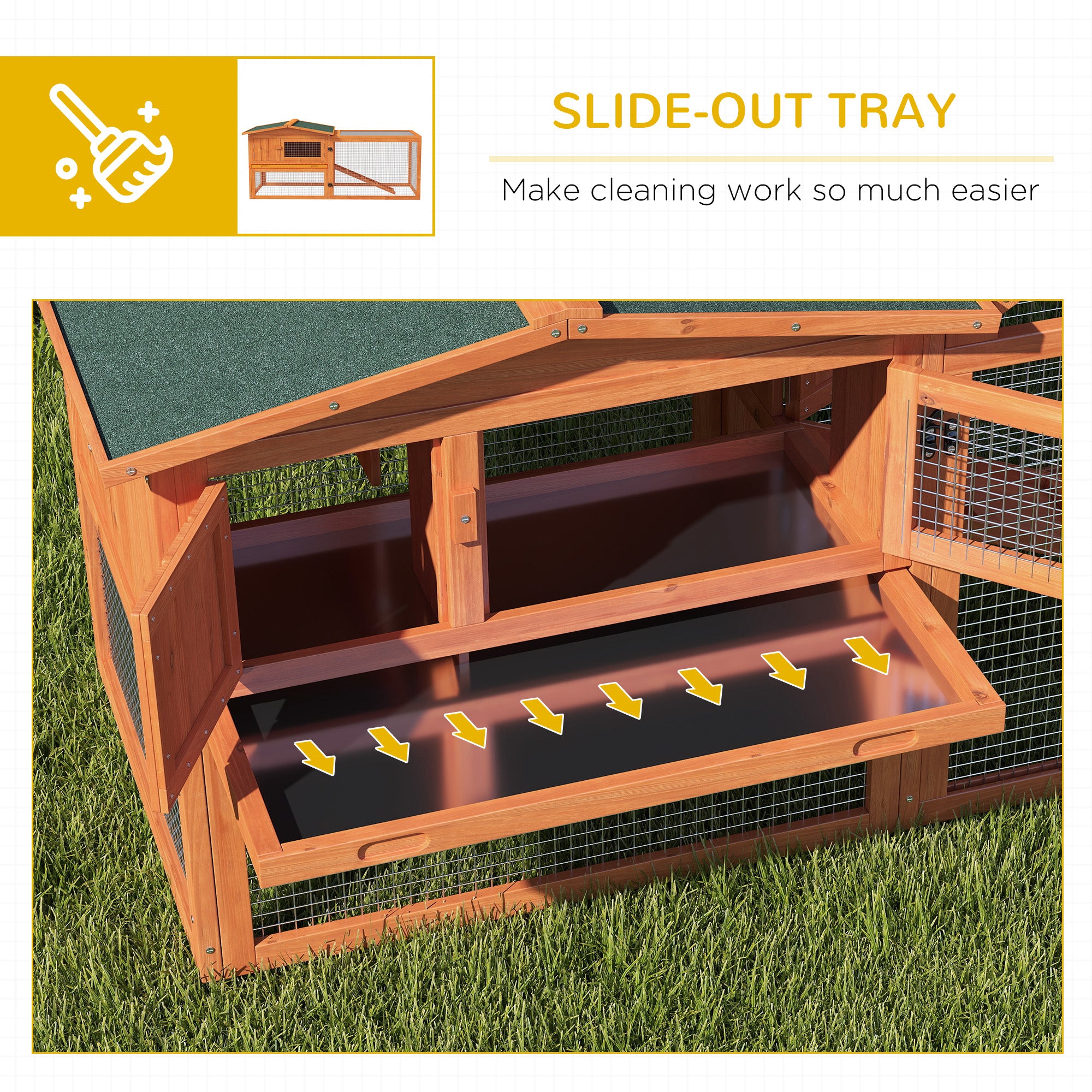 PawHut Rabbit Hutch with Run Wooden Guinea Pig Hutch Outdoor Bunny Cage Hide House with Sliding Tray, Hay Rack, Ramp, 156 x 58 x 68cm, Orange - North Peak Garden Furniture