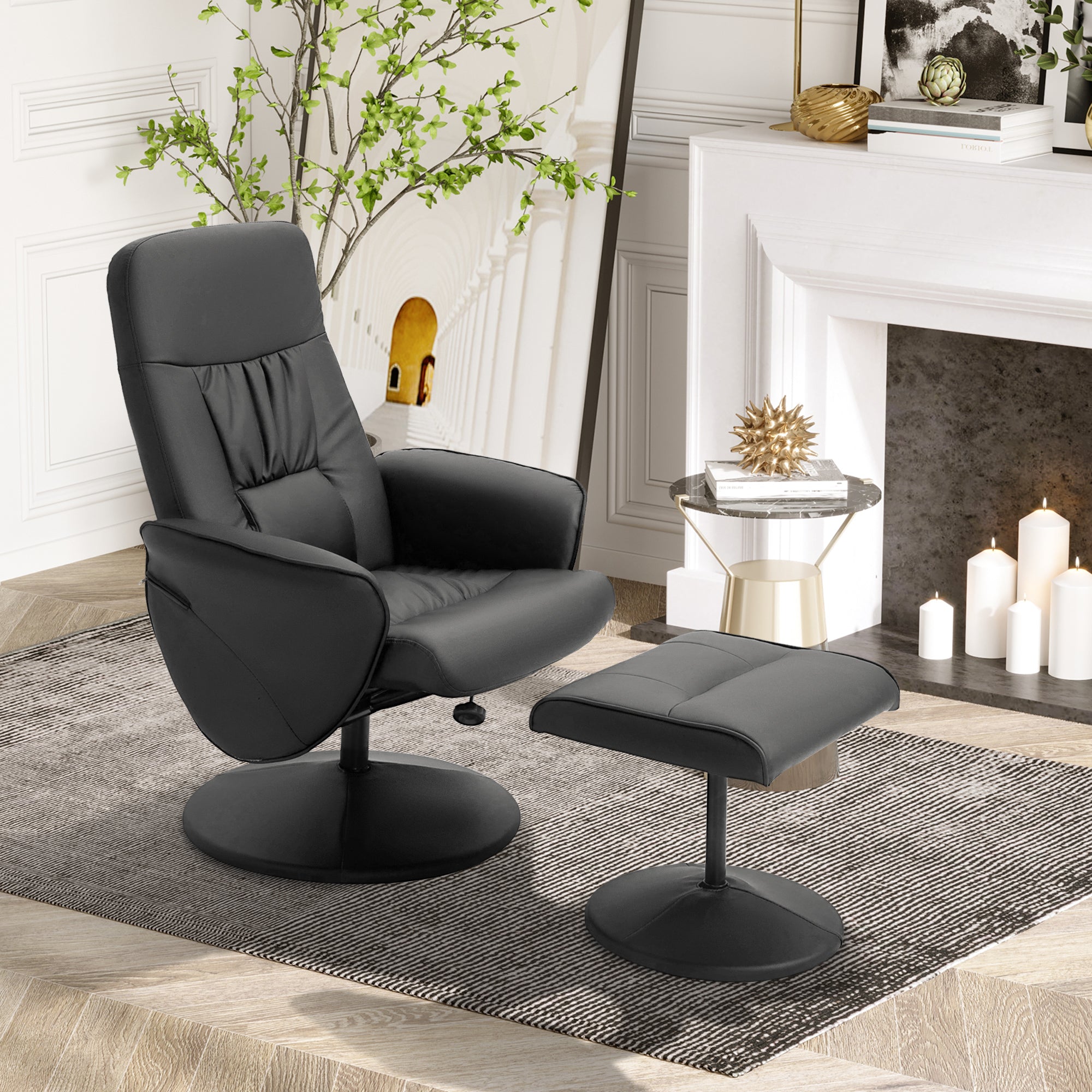 HOMCOM Swivel Recliner Chair with Footstool, PU Leather Armchair and Ottoman with High Back and Round Base for Living Room, Black - North Peak Garden Furniture
