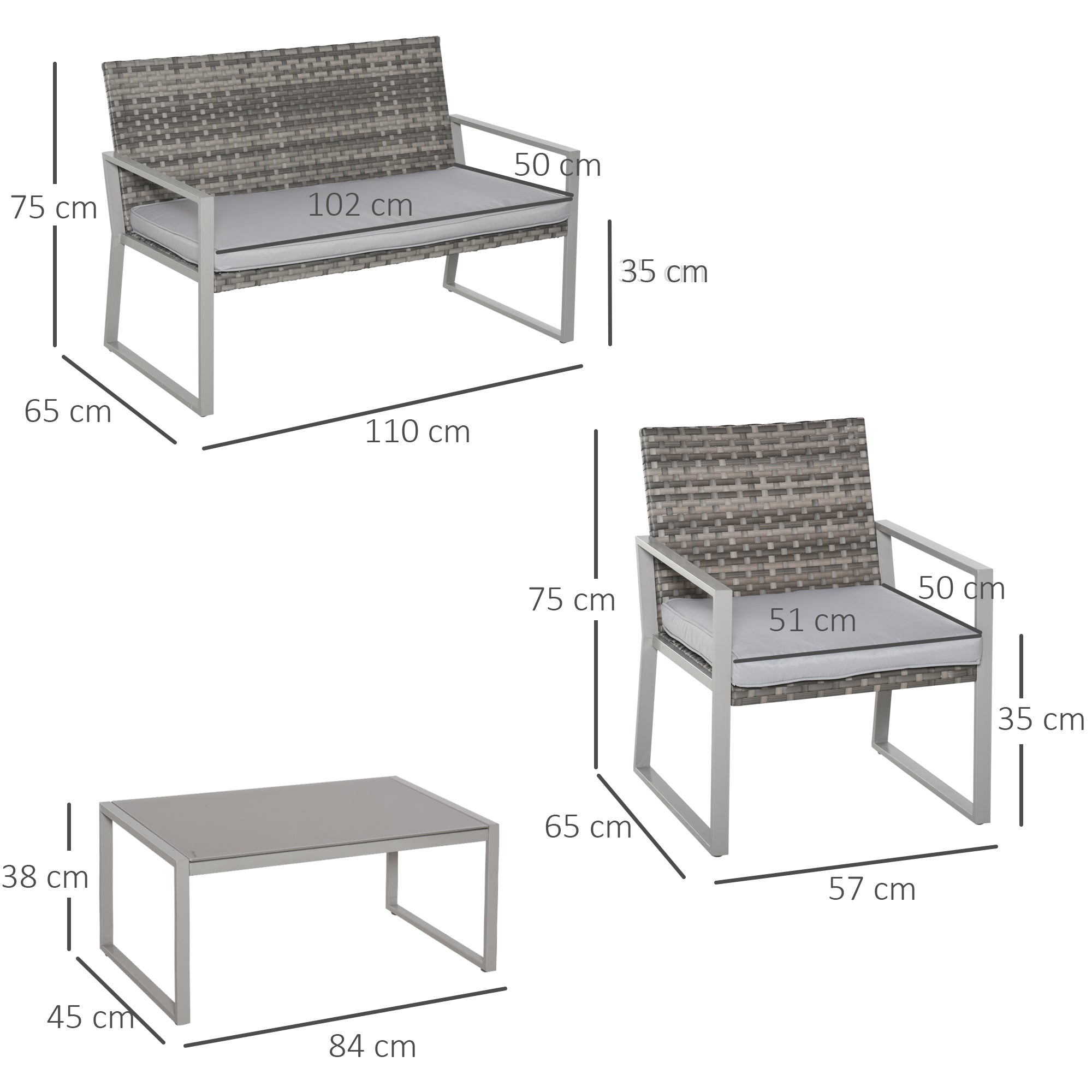 Outsunny 4PC Rattan Garden Furniture Set 2 Single Sofa Arm Chairs 1 Bench with Cushions & Coffee Table Patio Backyard Wicker Weave - North Peak Garden Furniture