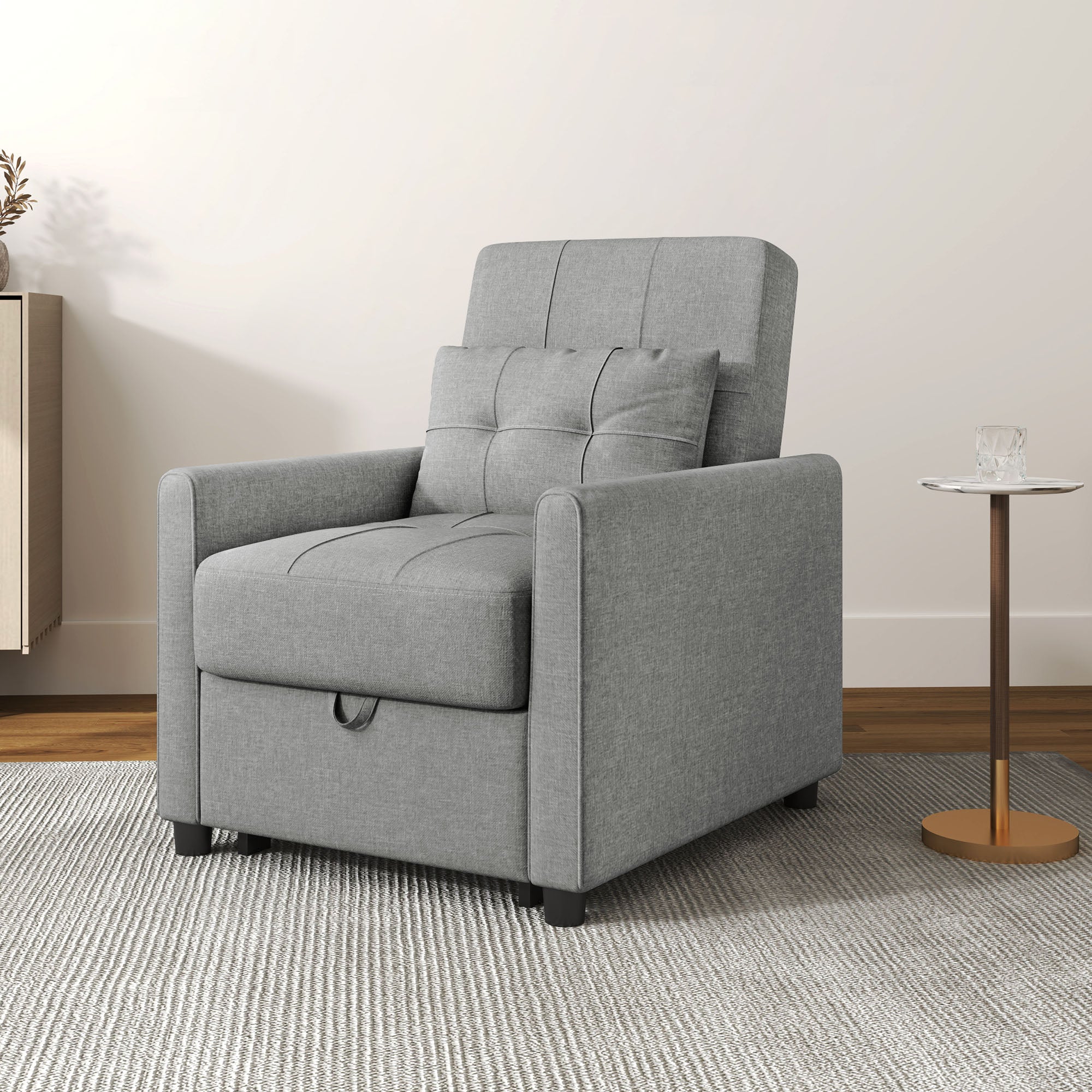 HOMCOM 3-In-1 Convertible Chair Bed, Pull Out Sleeper Chair with Adjustable Backrest, Side Pockets, Light Grey - North Peak Garden Furniture