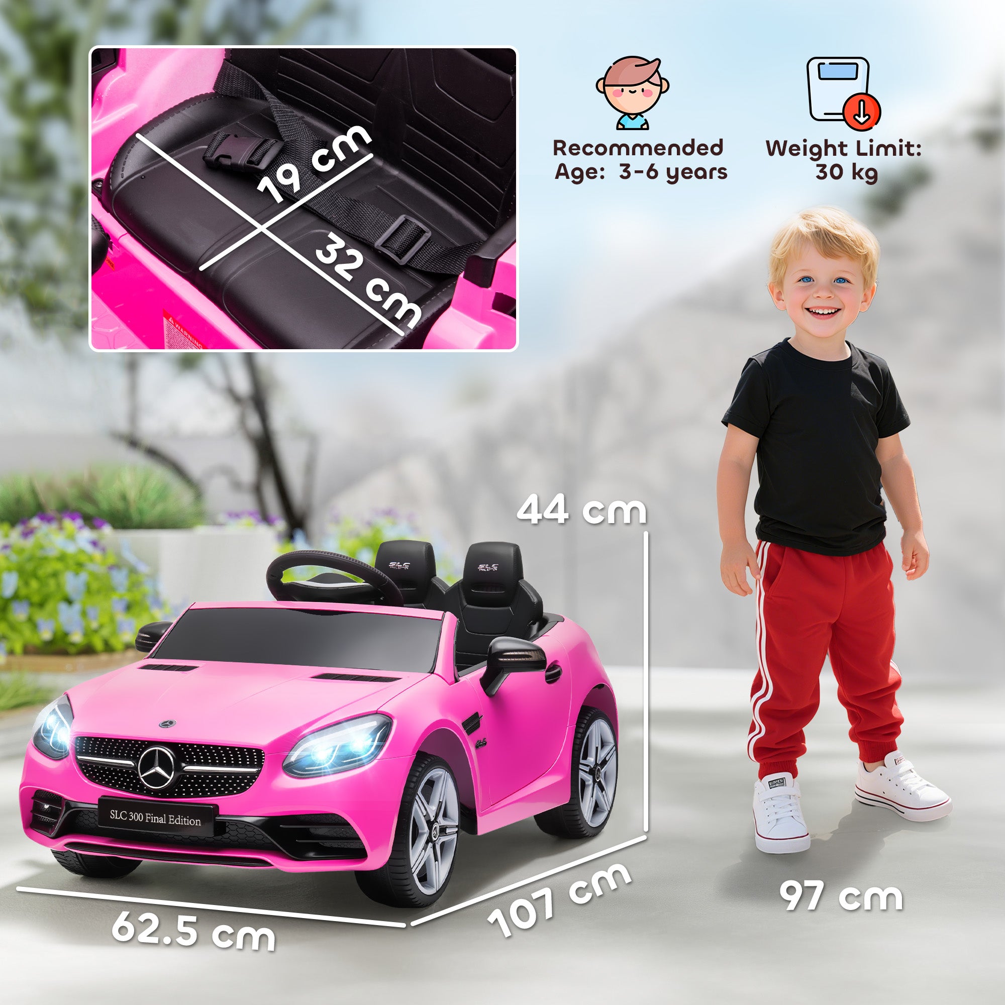 AIYAPLAY Benz SLC 300 Licensed 12V Kids Electric Ride On Car with Parental Remote Two Motors Music Lights Suspension Wheels for 3-6 Years Pink