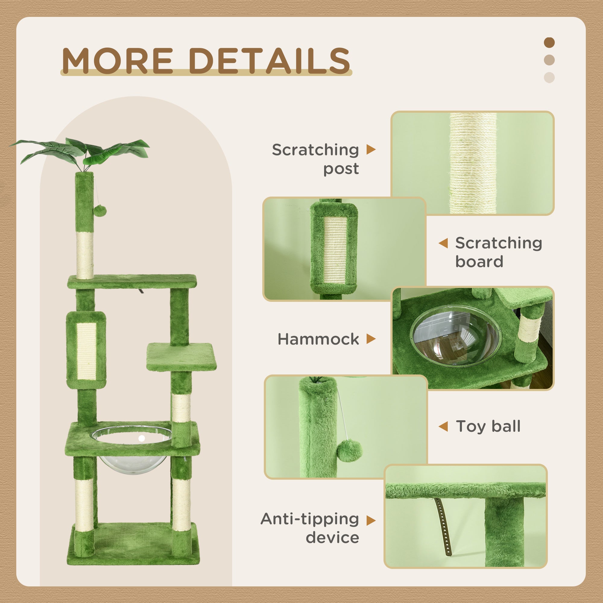PawHut 142cm Cat Tree Tower, with Scratching Post, Hammock, Toy Ball, Platforms - Green - North Peak Garden Furniture
