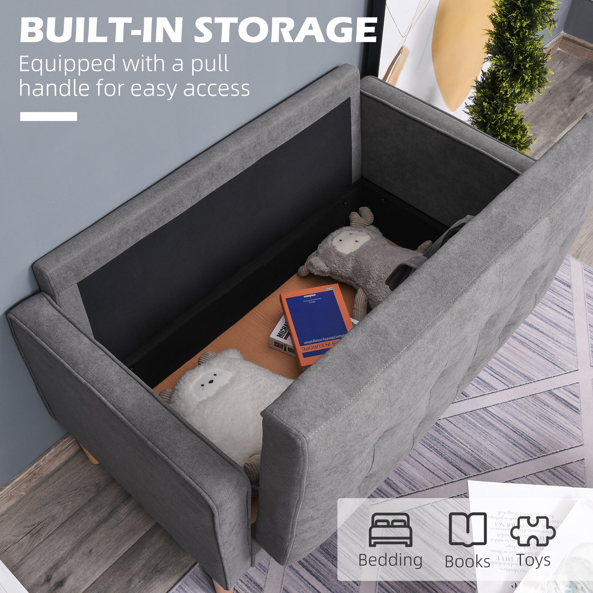 HOMCOM Modern 2 Seater Sofa with Hidden Storage, 117cm Tufted Cotton Couch with Wood Legs, Compact Loveseat for Living Room, Kitchen, Grey - North Peak Garden Furniture