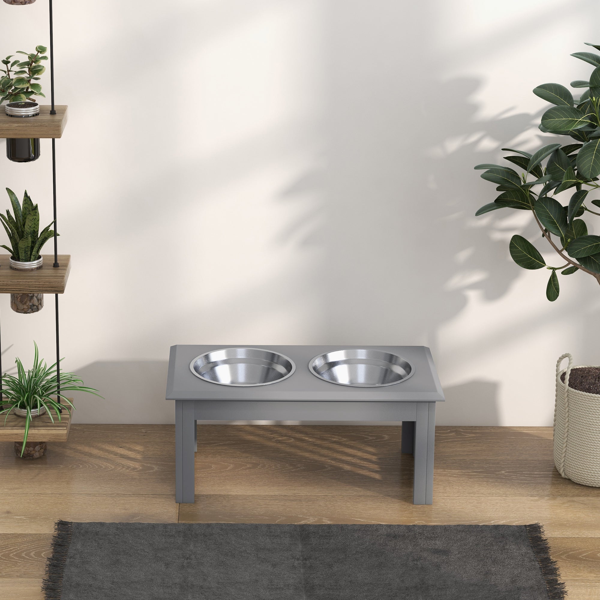 PawHut Raised Dog Feeding Bowls with Stand, Stainless Steel for Small and Medium Dog, 58L x 31W x 25H cm - Grey - North Peak Garden Furniture