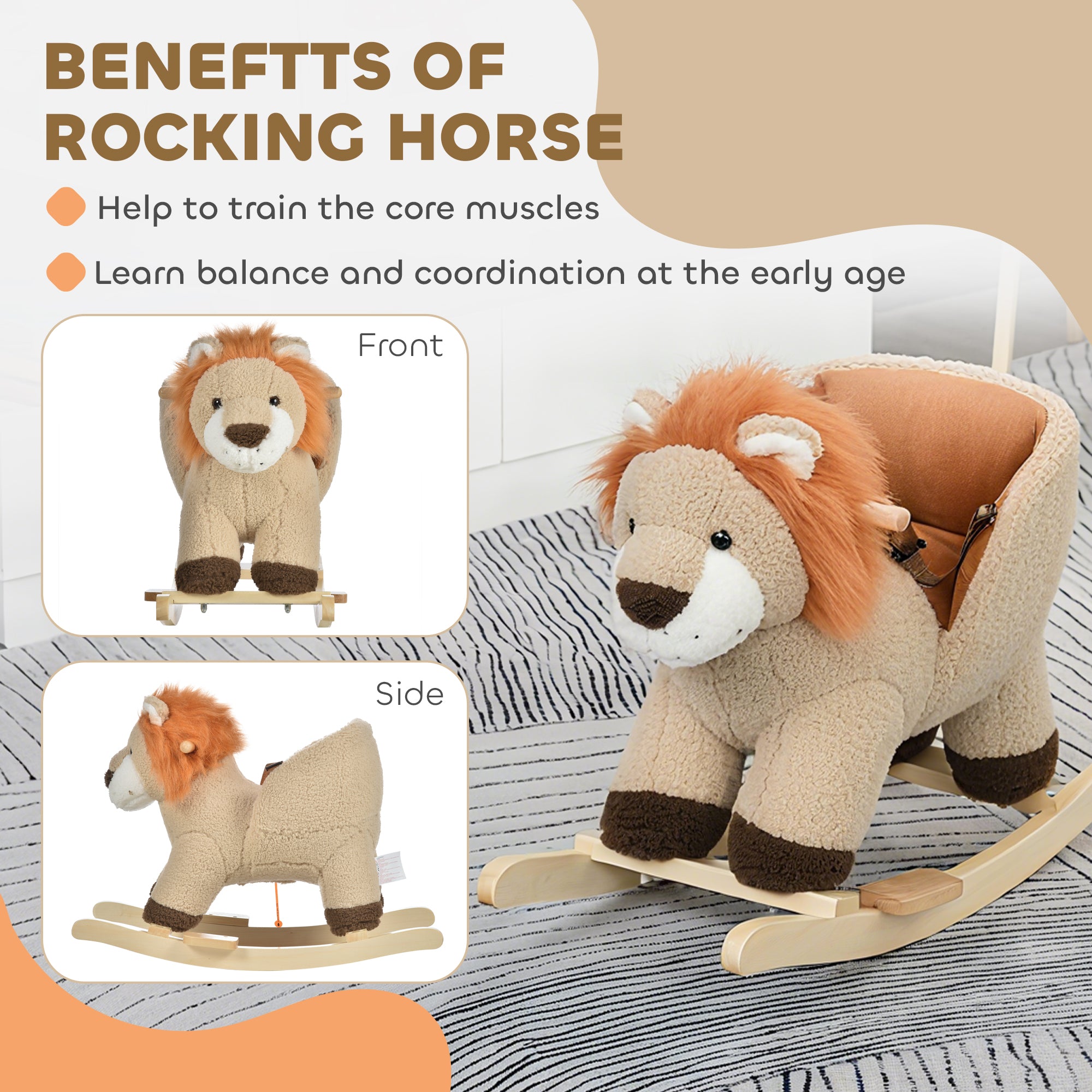 HOMCOM Kids Children Rocking Horse Plush Ride On Lion Seat w/ Sound Wood Base Seat Safety Belt Toddler Baby Toy for 18-36 Months Brown