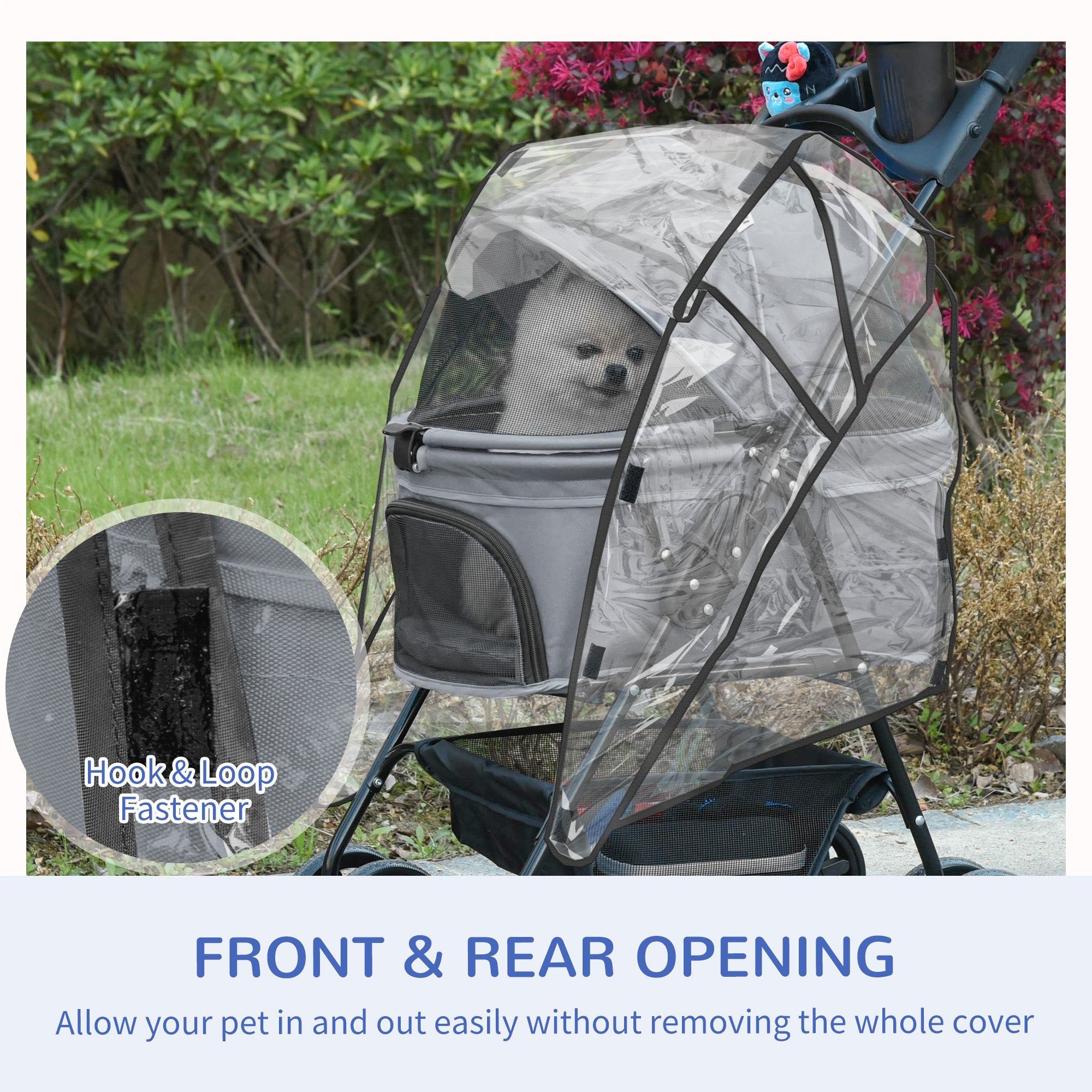 PawHut Dog Stroller with Rain Cover, Dog Pushchair One-Click Fold Trolley Jogger with EVA Wheels Brake Basket Adjustable Canopy Safety Leash for Small Dogs, Grey - North Peak Garden Furniture
