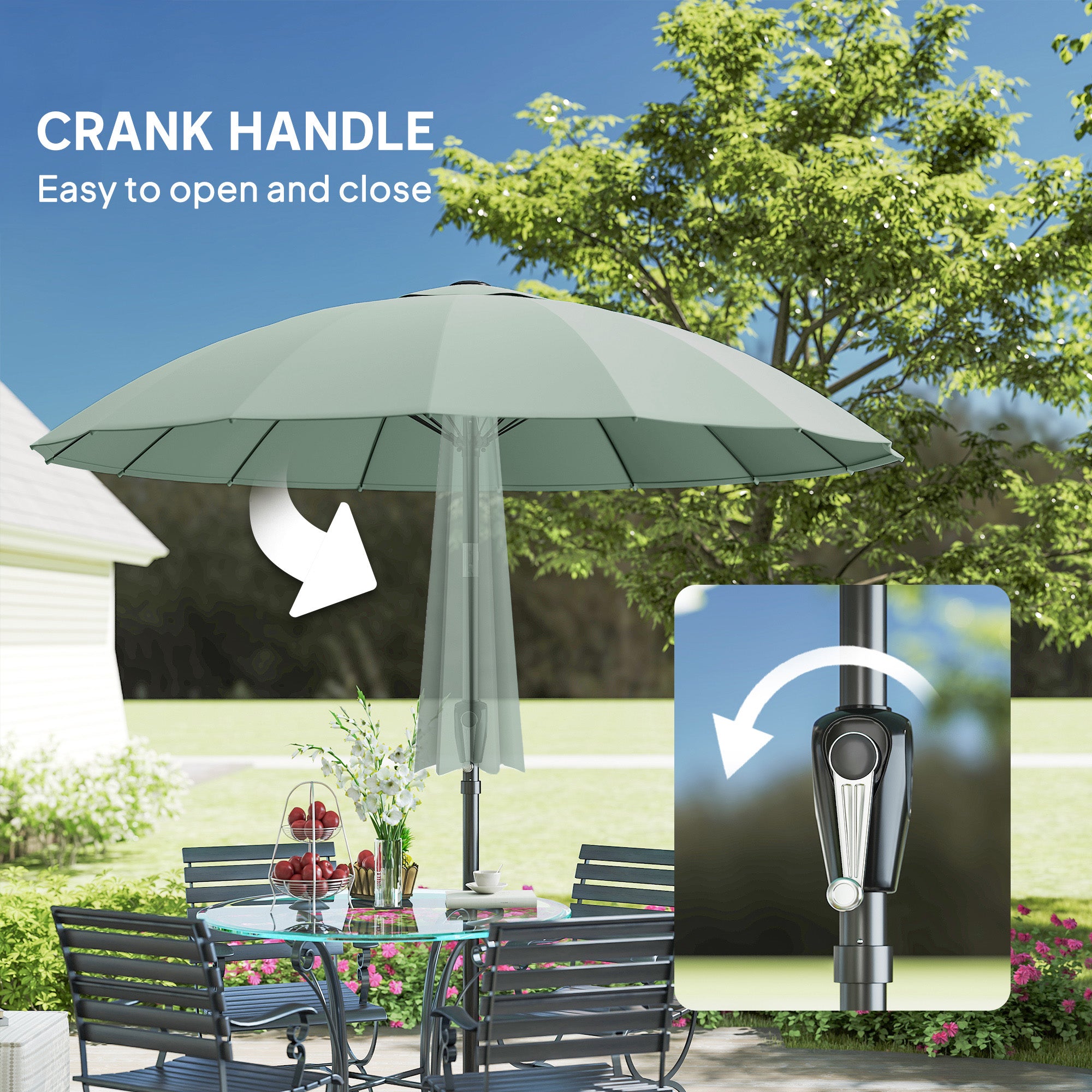 Outsunny 2 m Shanghai Garden Parasol Umbrella with 16 Fibreglass Ribs, Outdoor Parasol Sun Shade with Crank & Tilt, Turquoise