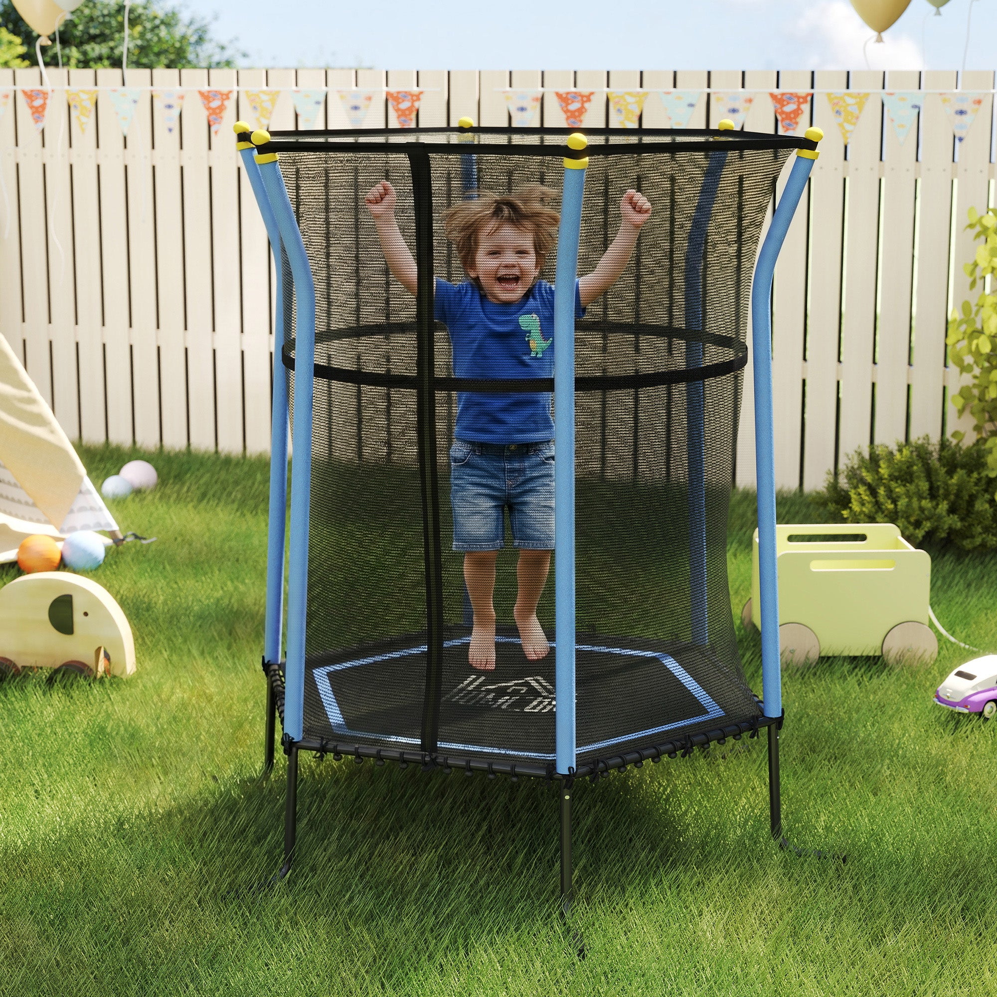HOMCOM Kids Trampoline Mini Bouncer with Enclosure Safety Net For Ages 3-10 Years - Blue