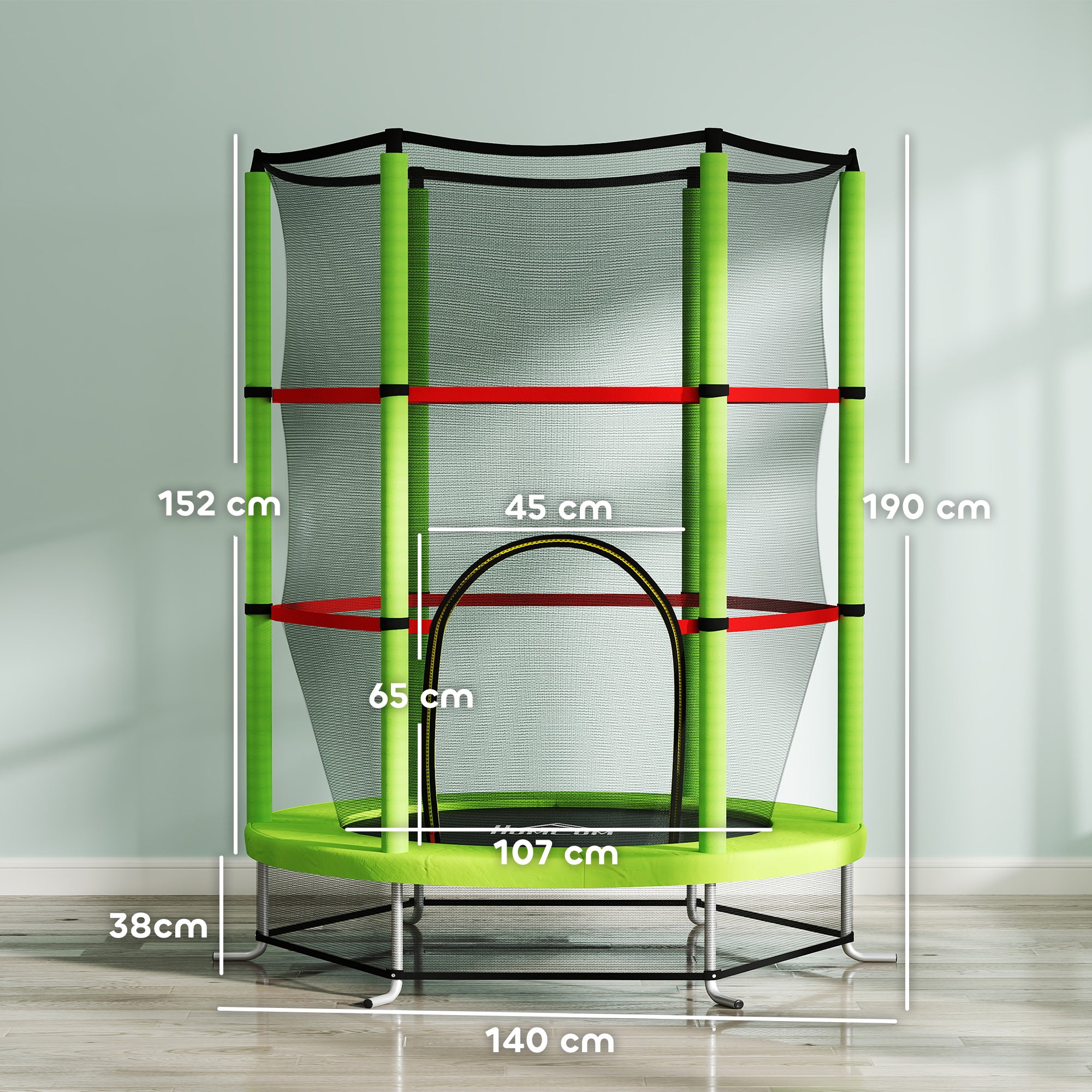 HOMCOM Kids Trampoline, with Enclosure Net, Steel Frame, for Ages 3-6 Years - Green - North Peak Garden Furniture