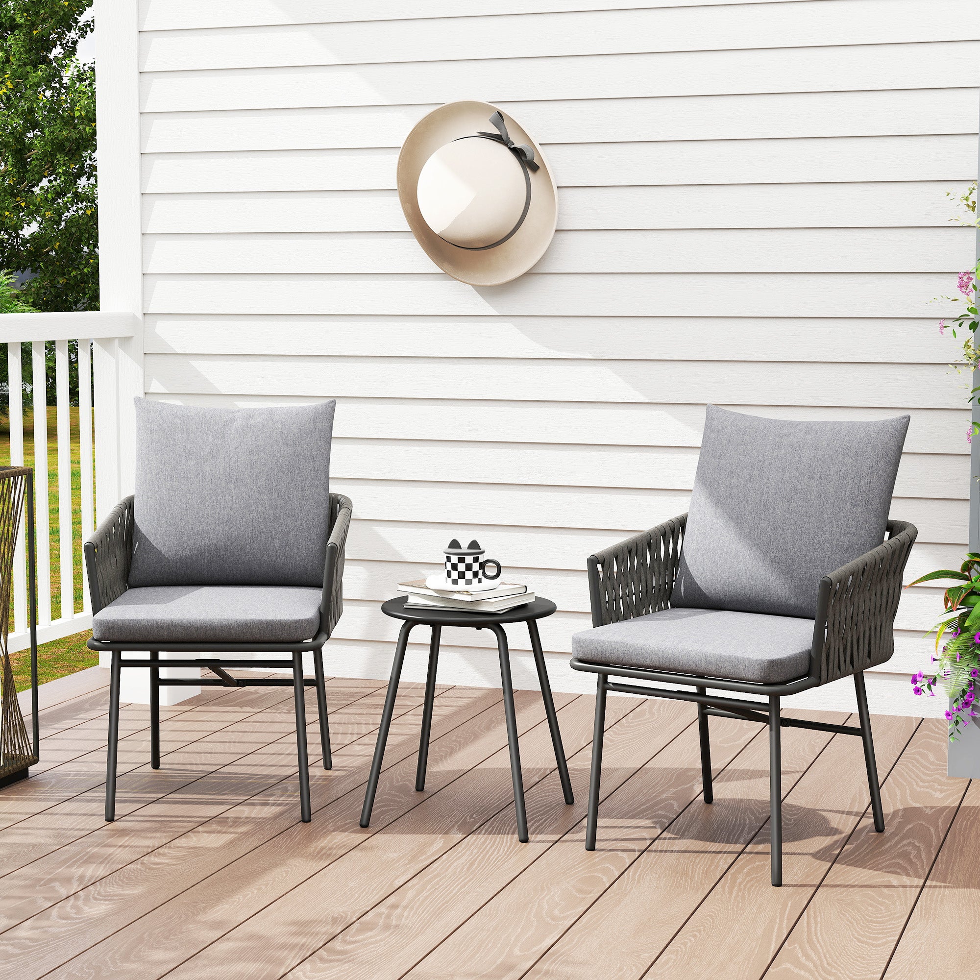Outsunny 3-Piece Rattan Bistro Set, Garden Table and Chairs with 4 Cushions, Patio Rattan Conversation Furniture Set for Balcony, Porch, Terrace, Grey - North Peak Garden Furniture