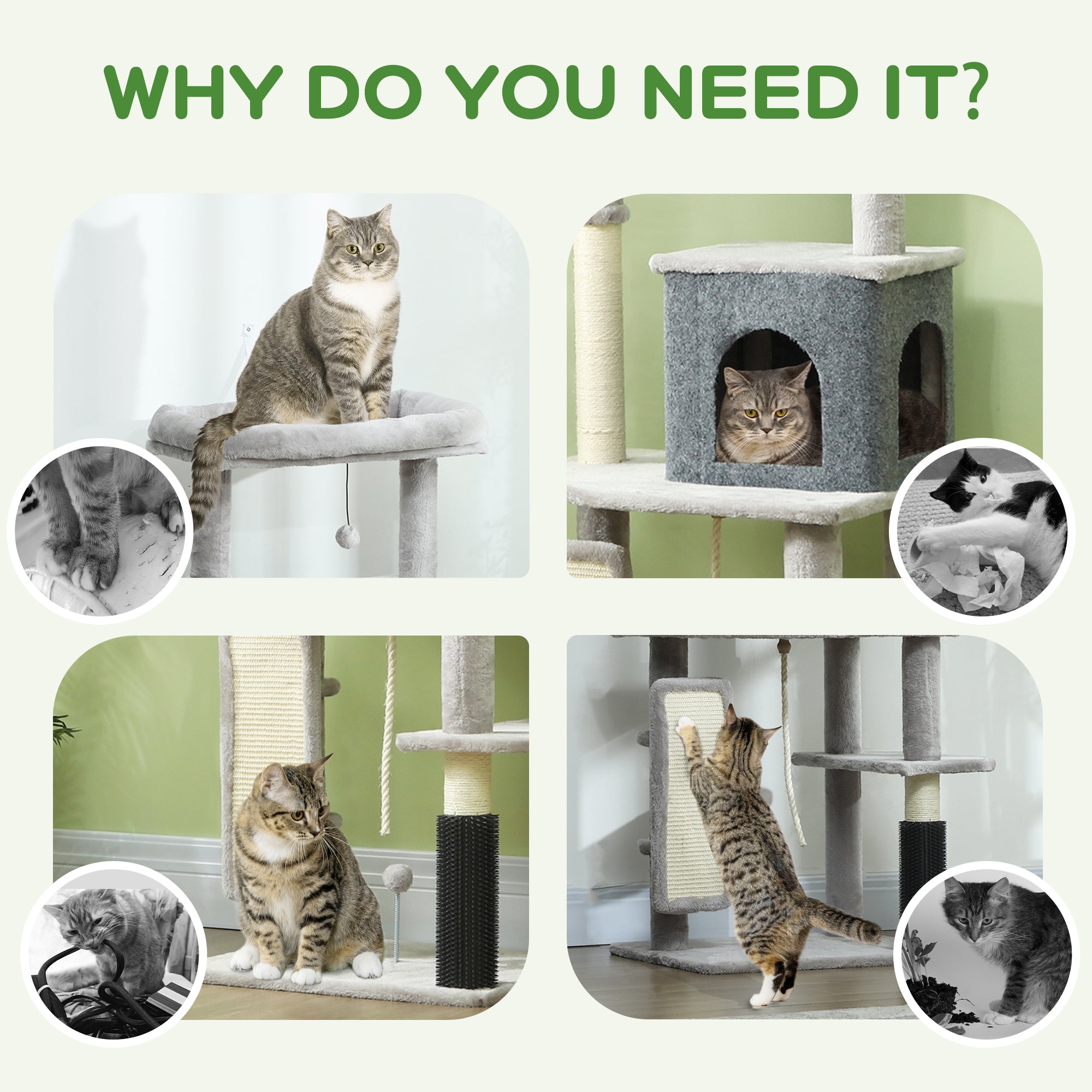 PawHut 132cm Cat Tree w/ Scratching Posts, Pad, Cat Bed, Cat House, Jumping Platform, Grooming Brush, Anti-Tip Kit, Light Grey