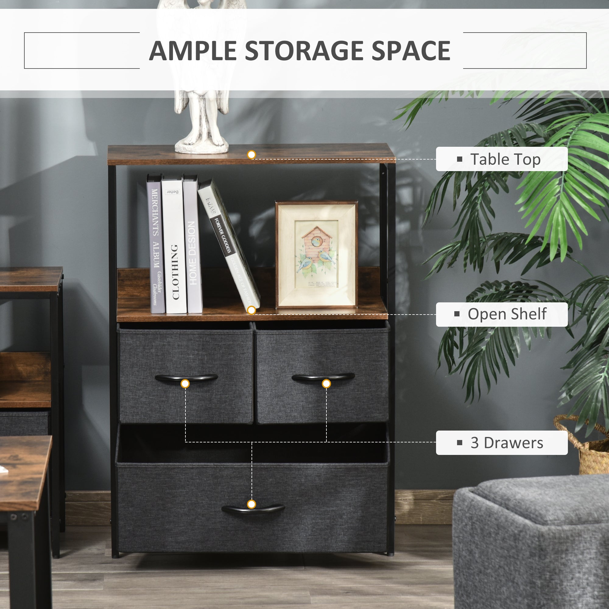 HOMCOM 3 Drawer Storage Chest Unit Home Cabinet w/ Shelves Home Living Room Bedroom Entryway Living Furniture, Black - North Peak Garden Furniture