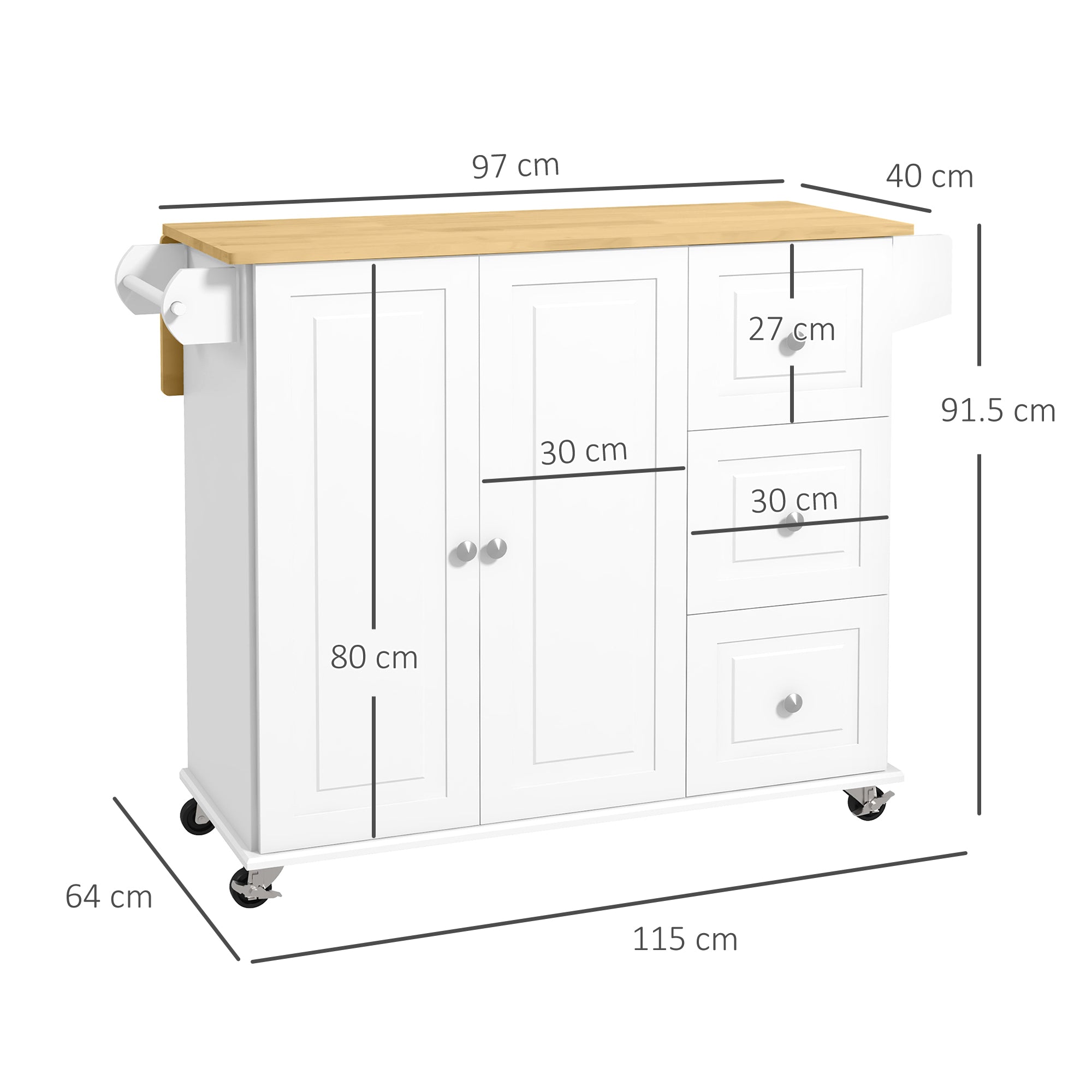 HOMCOM Kitchen Island with Drop Leaf, Rolling Kitchen Storage Trolley on Wheels with 3 Drawers, Spice Rack and Towel Rack, Storage Cart with Rubber Wood Top, White - North Peak Garden Furniture