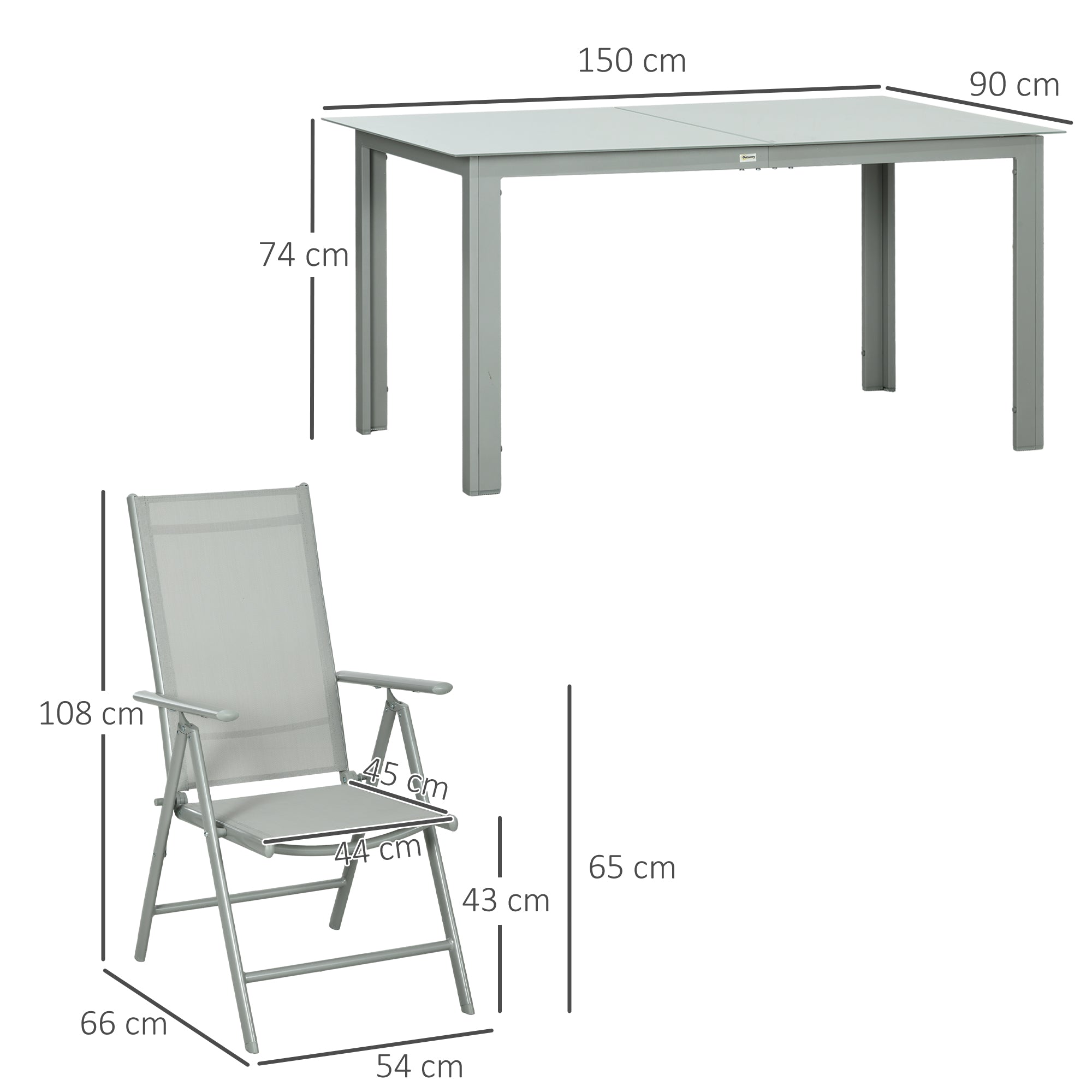 Outsunny 7 Piece Garden Dining Set, Outdoor Table and 6 Folding and Reclining Chairs, Aluminium Frame, Tempered Glass Top Table, Texteline Seats, Grey - North Peak Garden Furniture