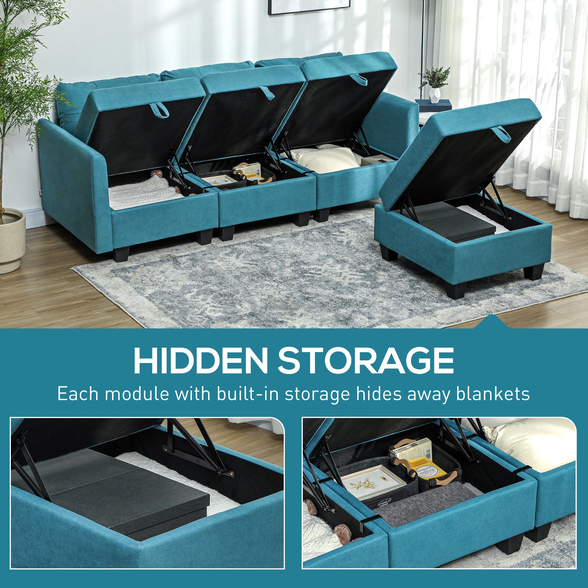 HOMCOM 'L' Shape Modular Sofa, with Storage - Light Blue