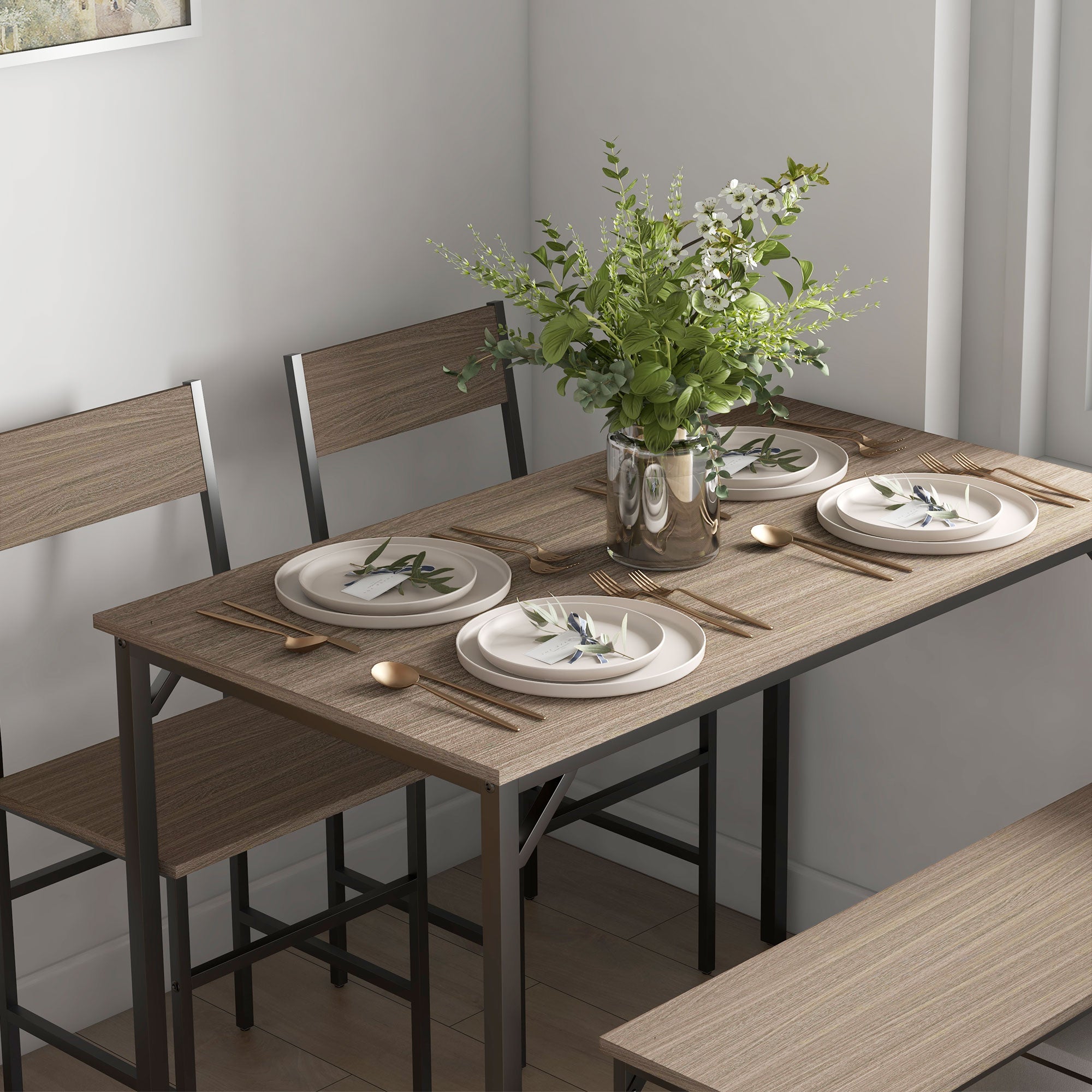 HOMCOM Four-Piece Dining Set, With Table, Chairs and Bench - North Peak Garden Furniture