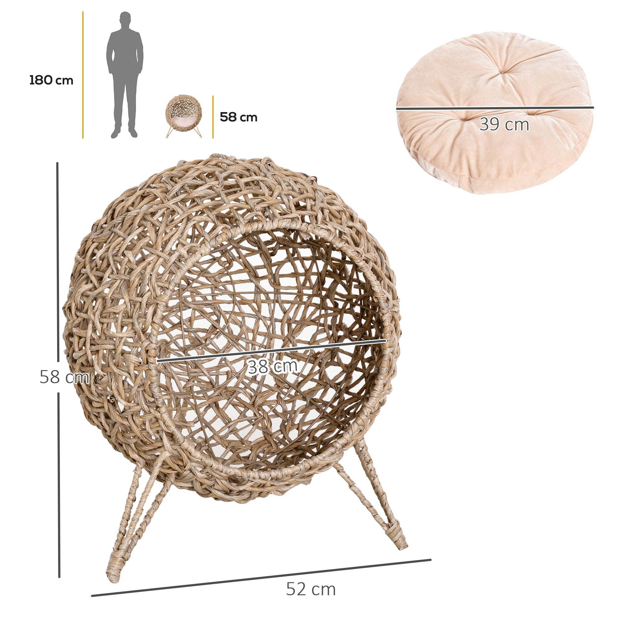 PawHut Wicker Cat Bed, Ball-Shaped Rattan Elevated Cat Basket with Three Tripod Legs, Cushion - Natural Wood Finish - North Peak Garden Furniture