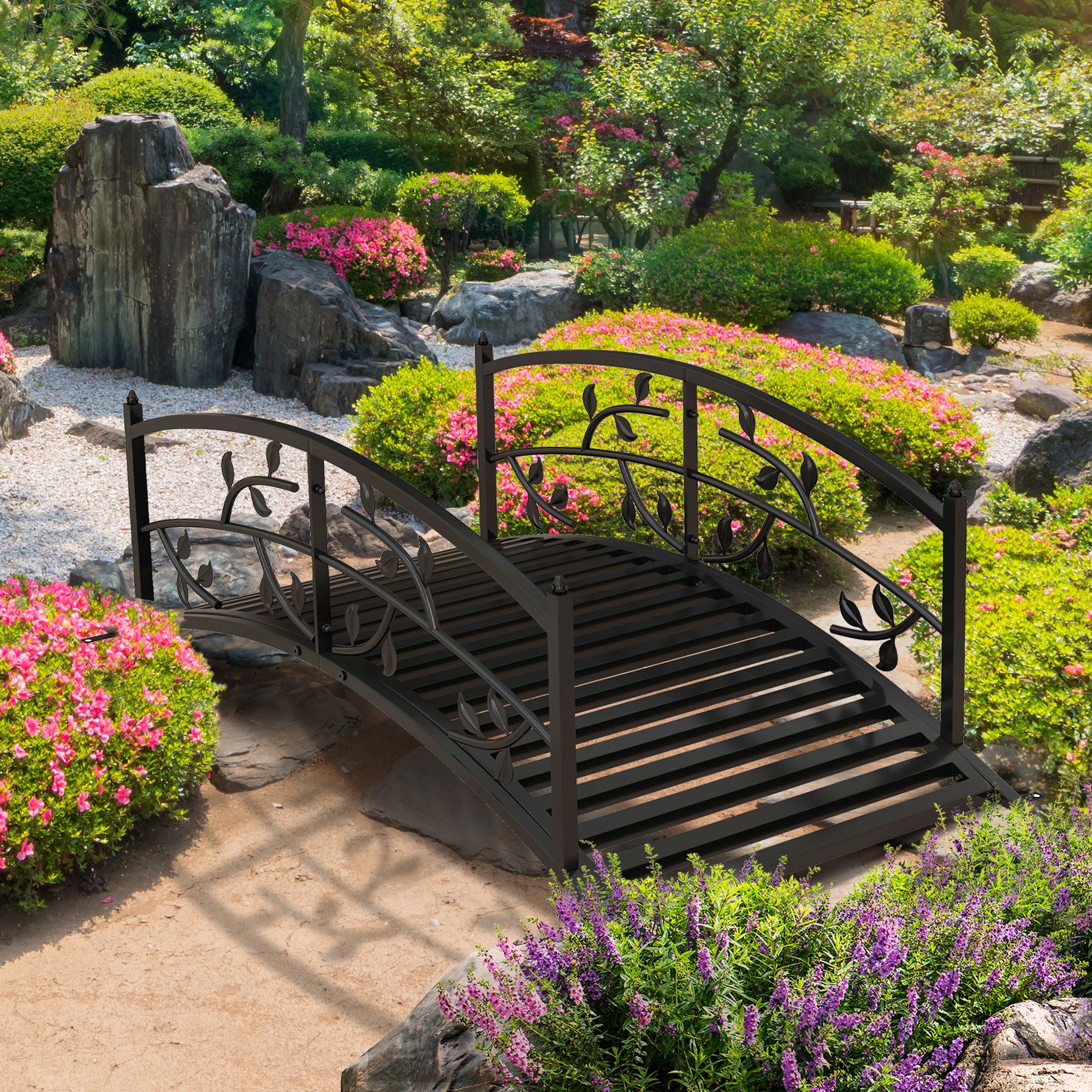 Outsunny 1.2M Metal Decorative Vine Pattern Arch Garden Bridge, Black - North Peak Garden Furniture