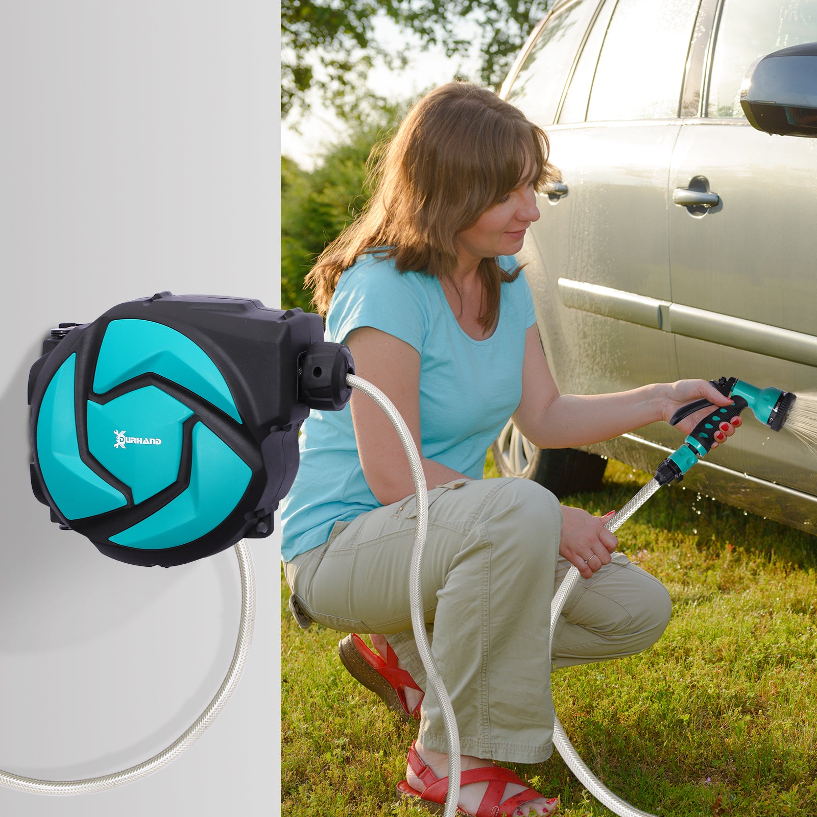 DURHAND 10m Garden Auto Hose Reel Wall Mounted Retractable 7 Patterns Spray Nozzle - North Peak Garden Furniture