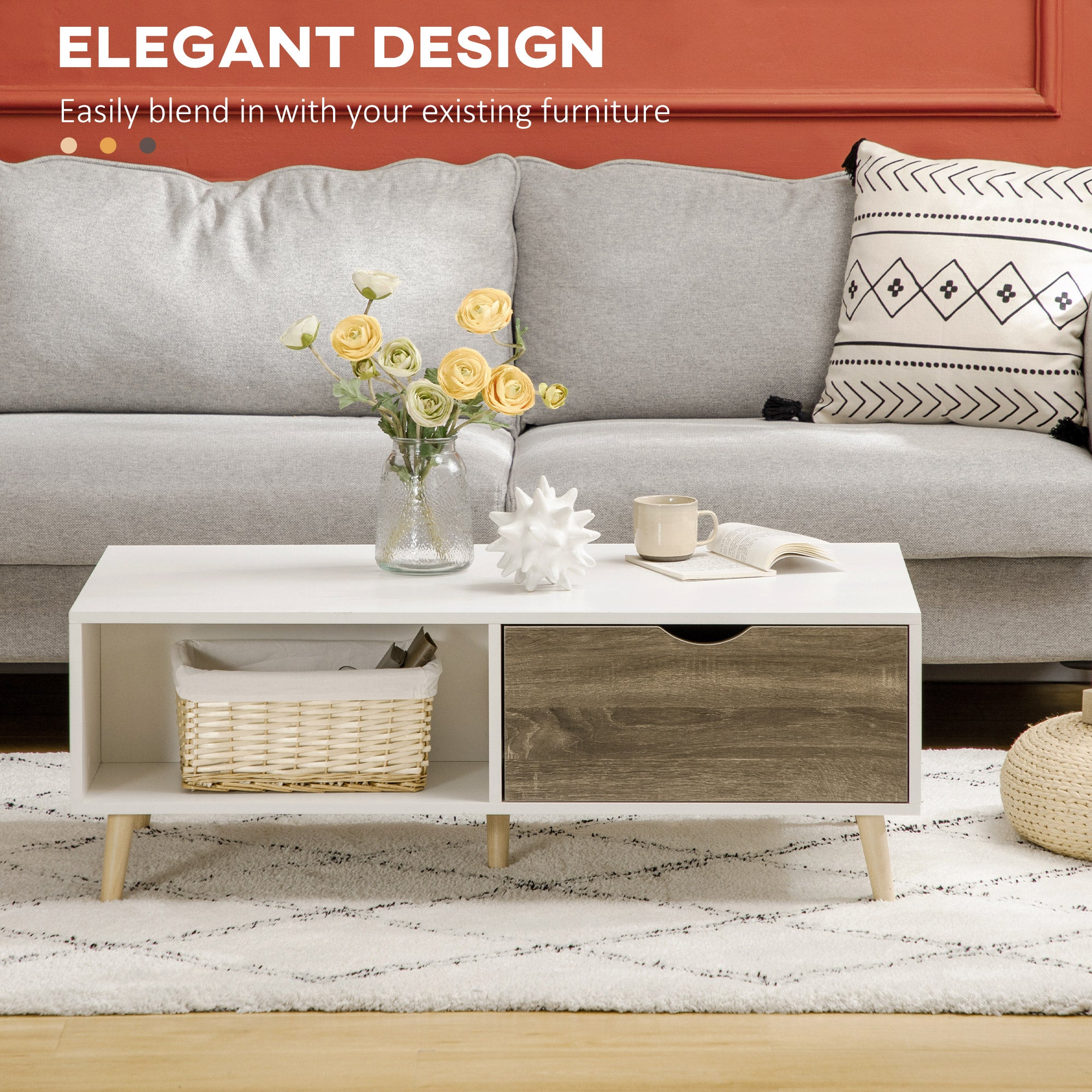 HOMCOM Coffee Table, Modern Tea Table with Open Storage Shelves, Two Drawers and Solid Wood Legs, Coffee Tables for Living Room, Bed Room, White - North Peak Garden Furniture