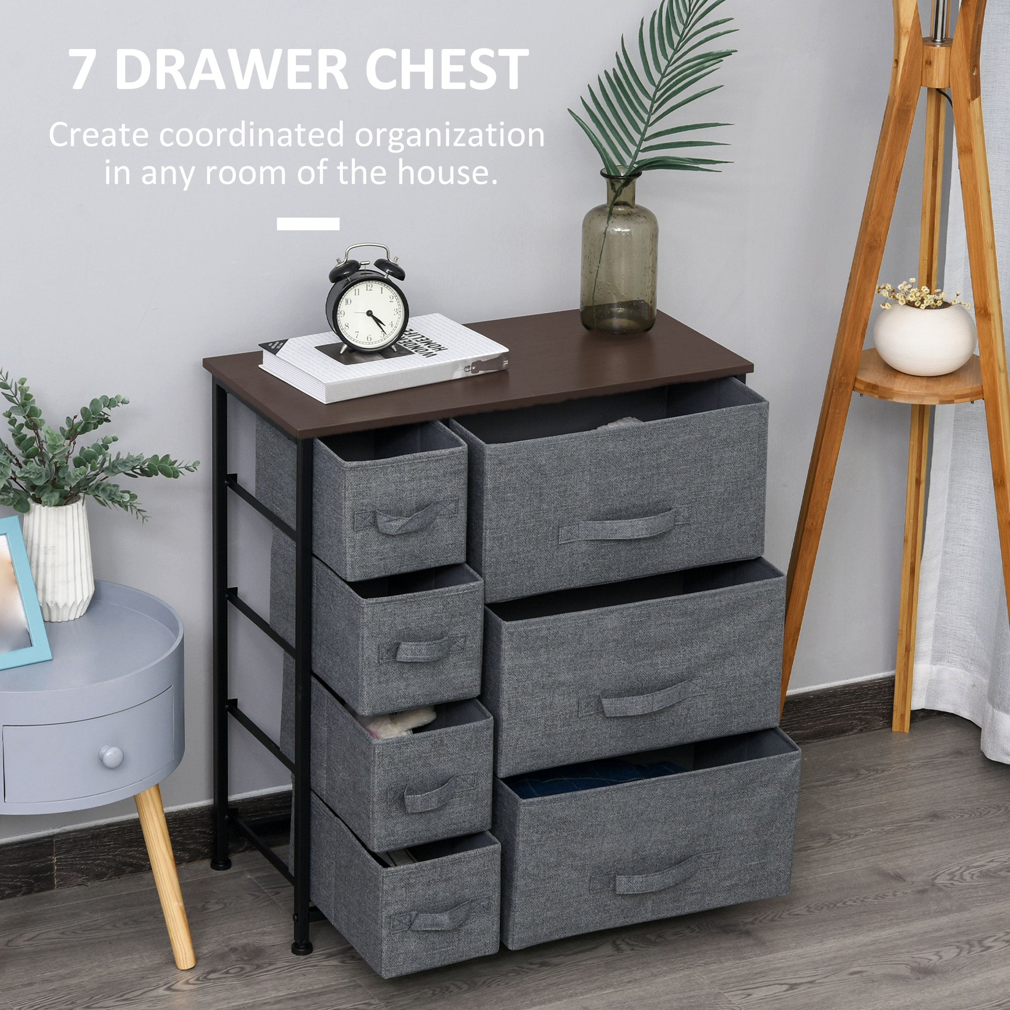 HOMCOM Chest of Drawers with 7 Drawers, Fabric Drawers with Large Storage Space, Drawers Dresser with Metal Frame, Adjustable Feet for Bedroom Living Room, Dark Grey - North Peak Garden Furniture