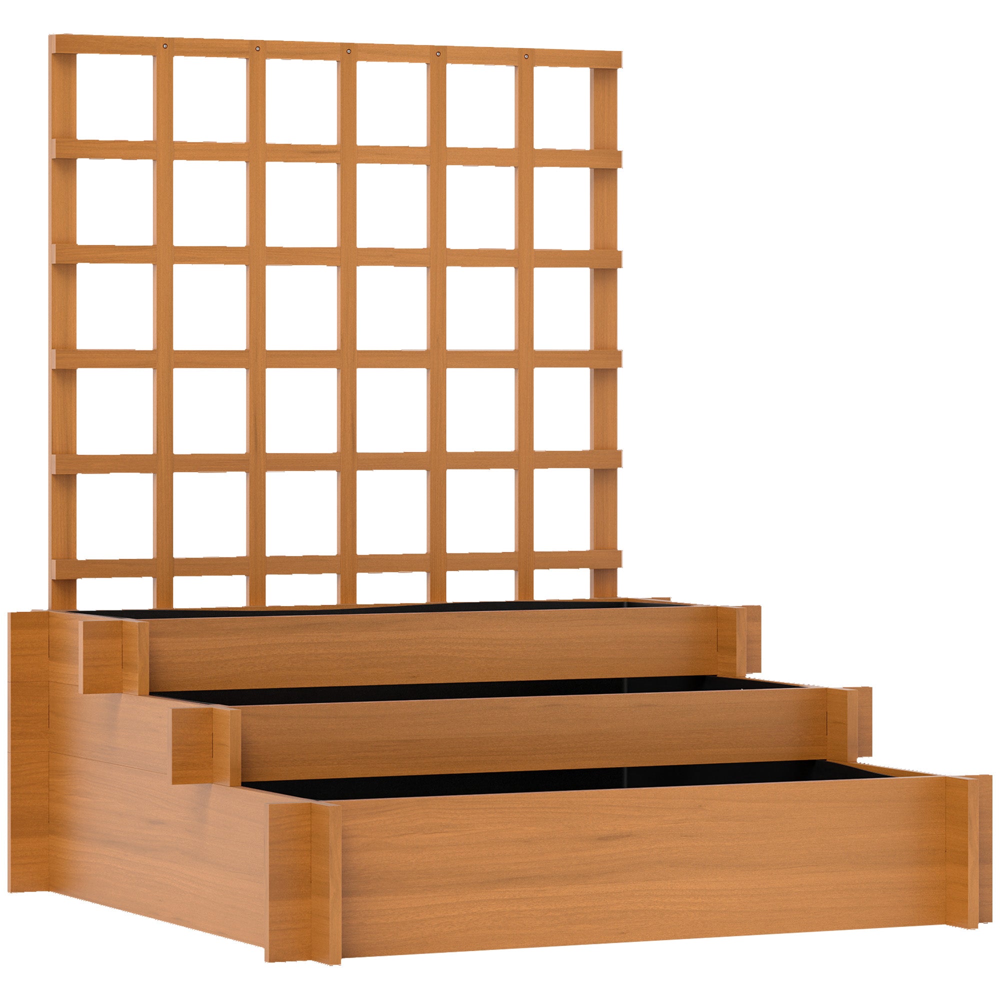Outsunny 3 Tier Garden Planters with Trellis for Vine Climbing, Wooden Raised Beds, 95x95x110cm, Brown