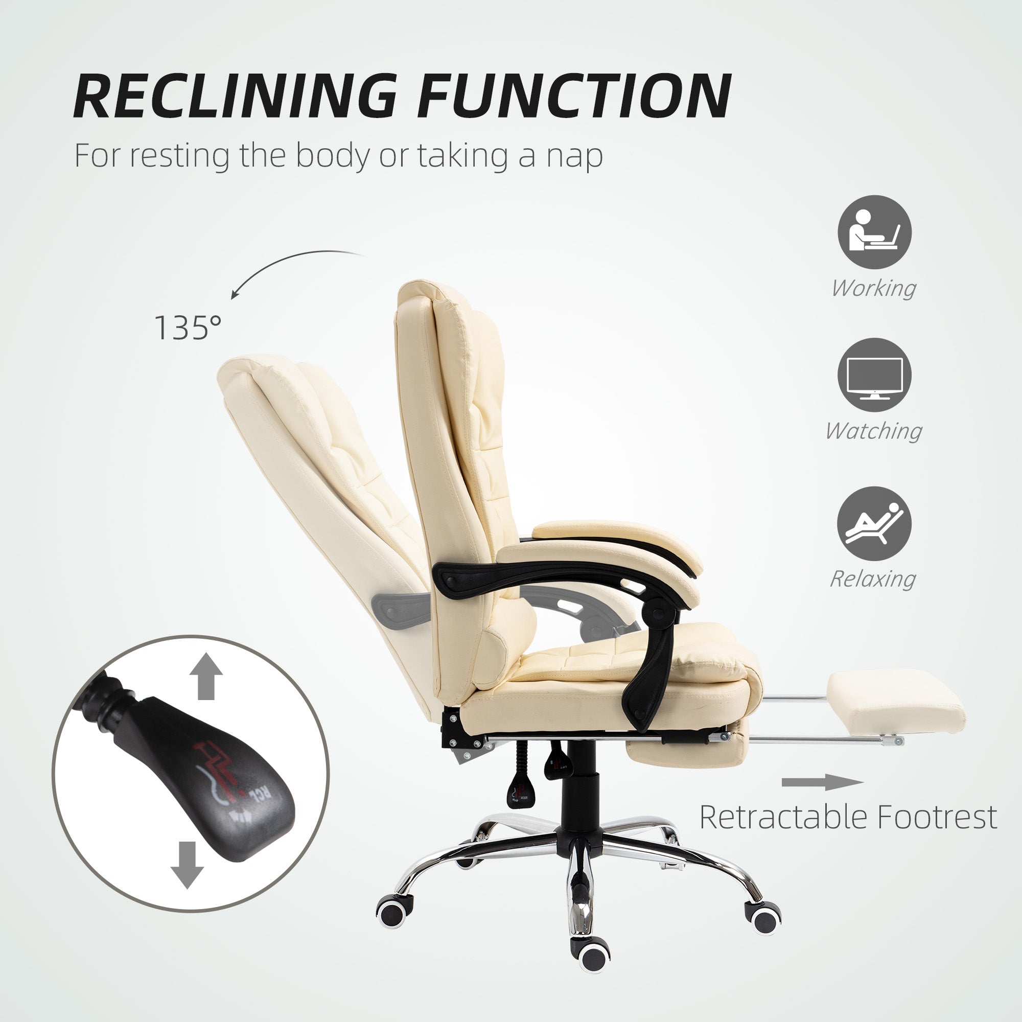HOMCOM Executive Office Chair, PU Leather High Back Desk Chair with Adjustable Height, Recliner Computer Swivel Chair with Footrest for Home Office, Cream White - North Peak Garden Furniture