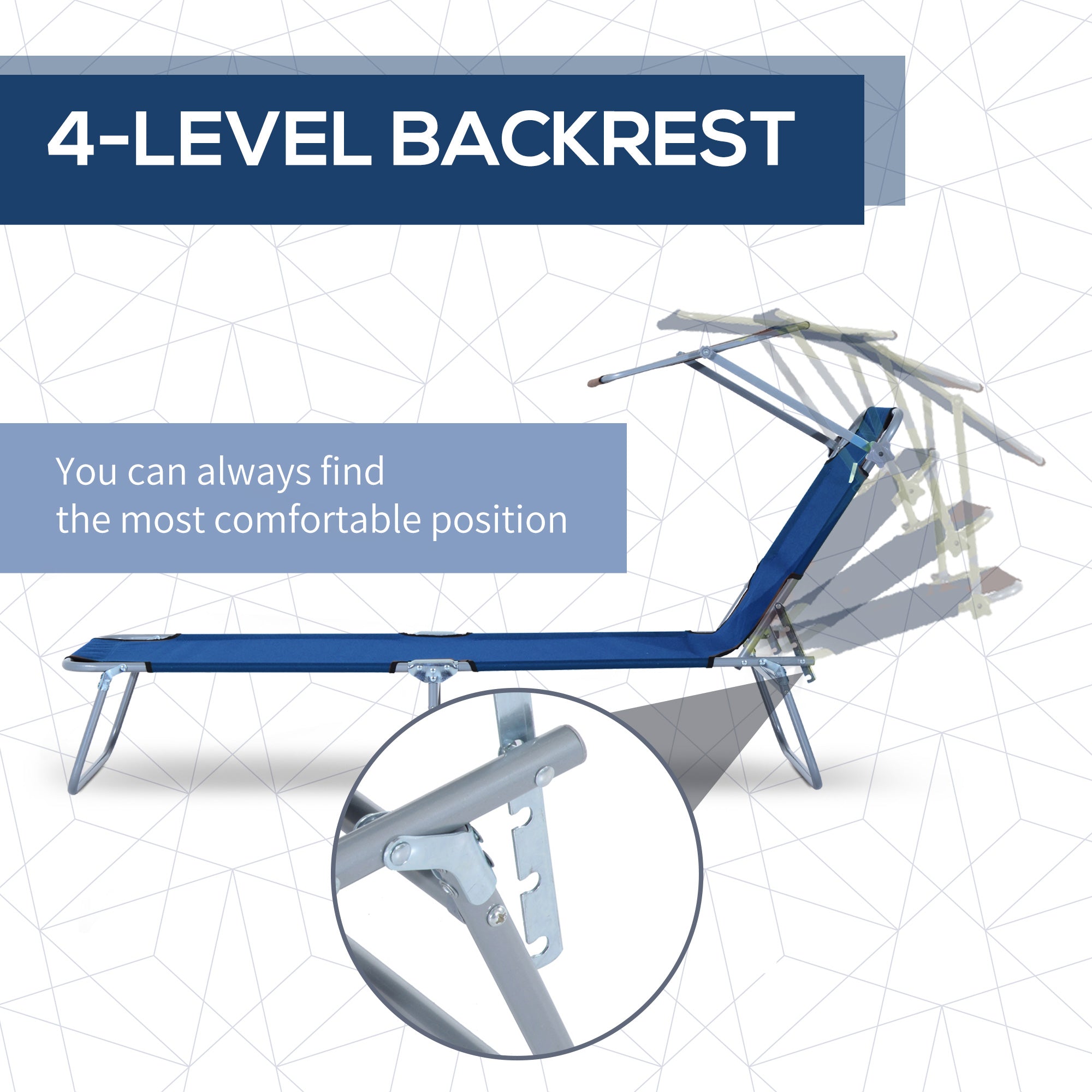 Outsunny 2 Pieces Outdoor Foldable Sun Lounger, 4 Level Adjustable Backrest Reclining Sun Lounger Chair with Angle Adjust Sun Shade Awning for Beach, Garden, Patio, Blue - North Peak Garden Furniture