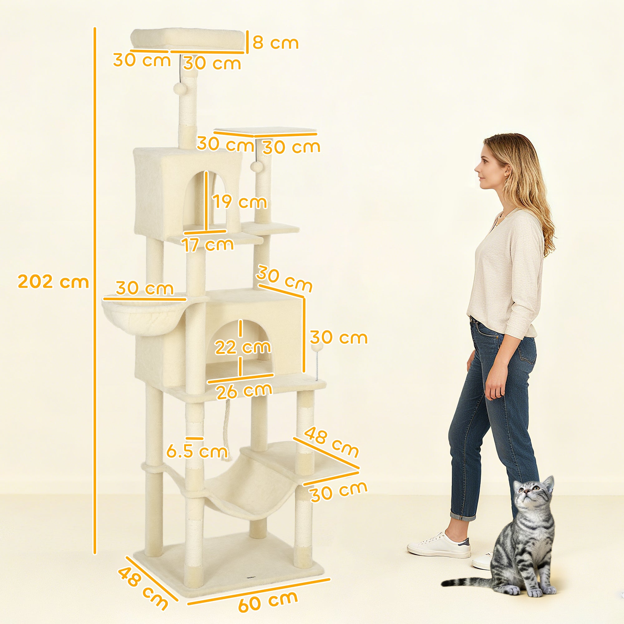 PawHut 202cm Cat Tree with 6 Scratching Posts, 2 Hammocks, 2 Condos, 2 Perches, Pompoms, for Cats to Rest and Play, Beige