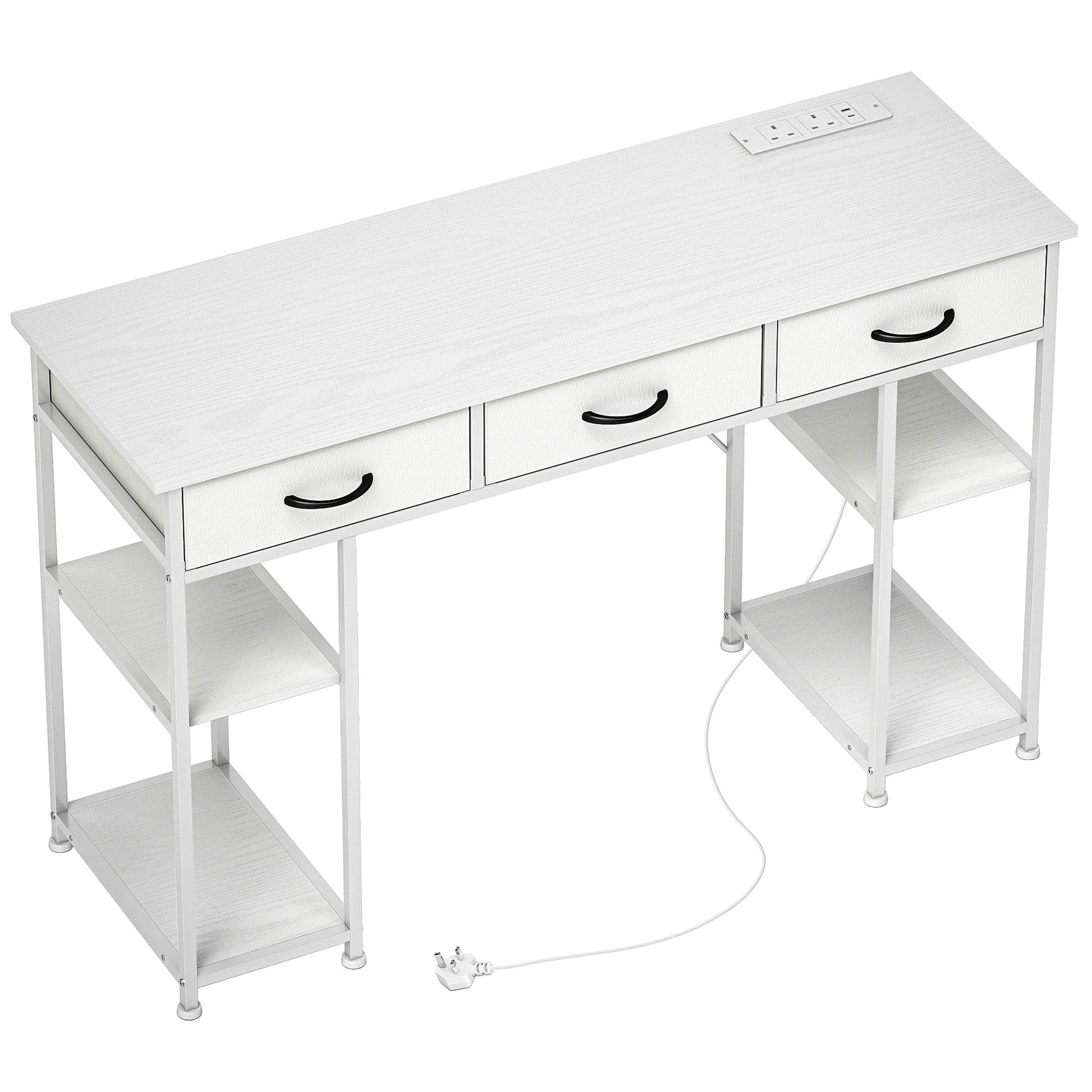 HOMCOM 120cm Computer Desk with Power Outlets, Office Desk Study Table with 3 Fabric Drawers and 4 Storage Shelves, White - North Peak Garden Furniture