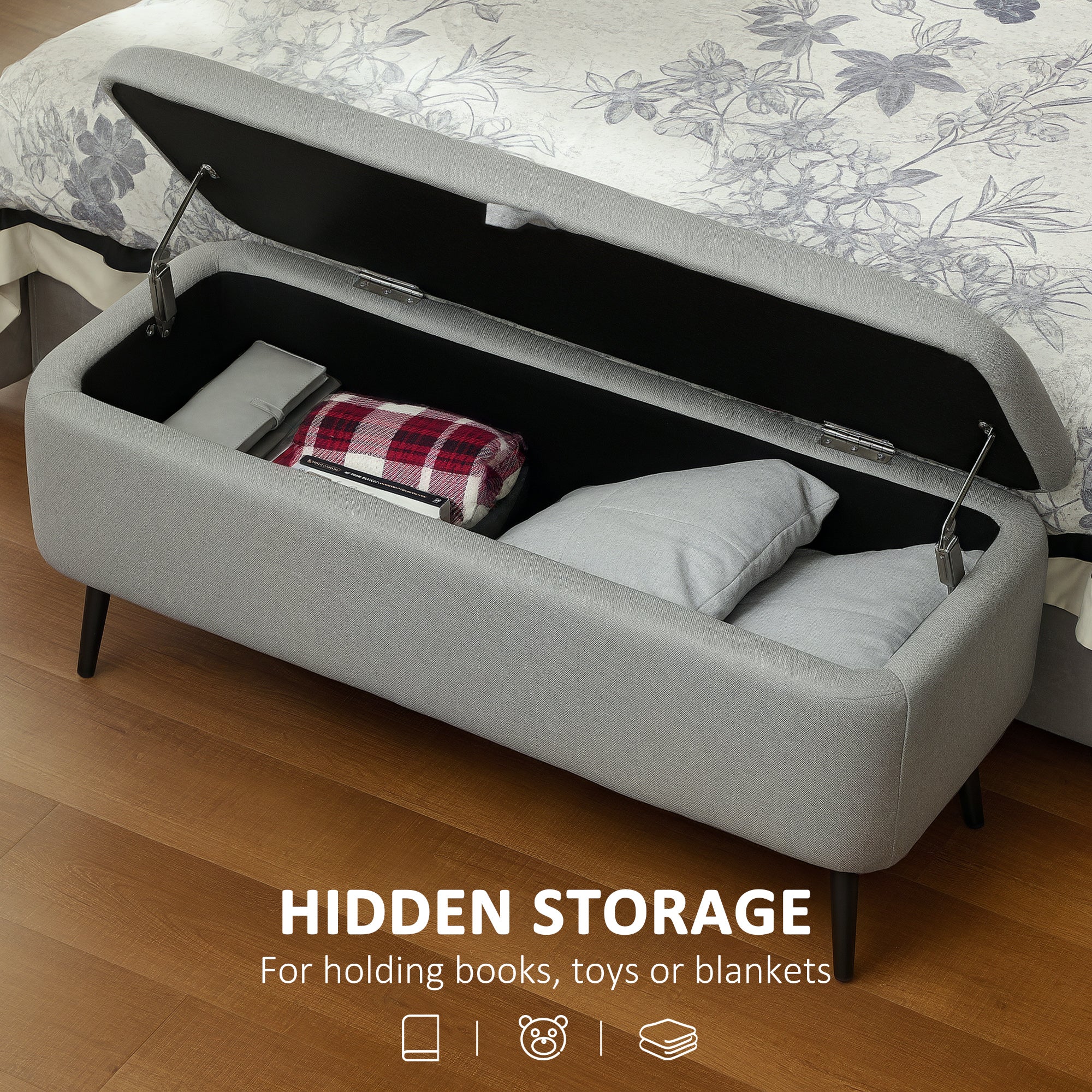 HOMCOM 92 x 31cm Linen-Look Storage Ottoman - Light Grey