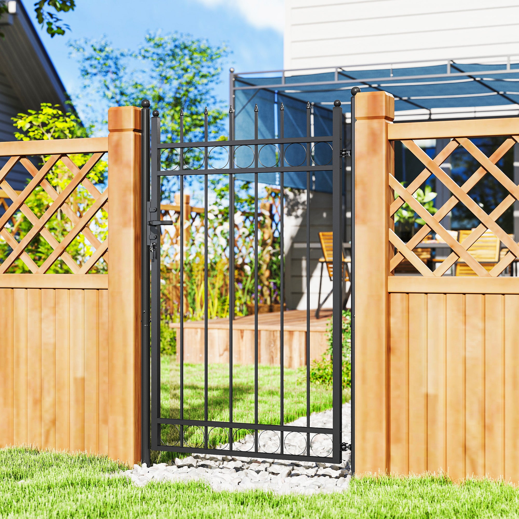 Outsunny Galvanised Steel Garden Gate, Outdoor Fence Gate Security Barrier with Lock, Keys and Handle, Outdoor Entrance Way Door with Classic Finials, 105 x 204 cm, Black - North Peak Garden Furniture