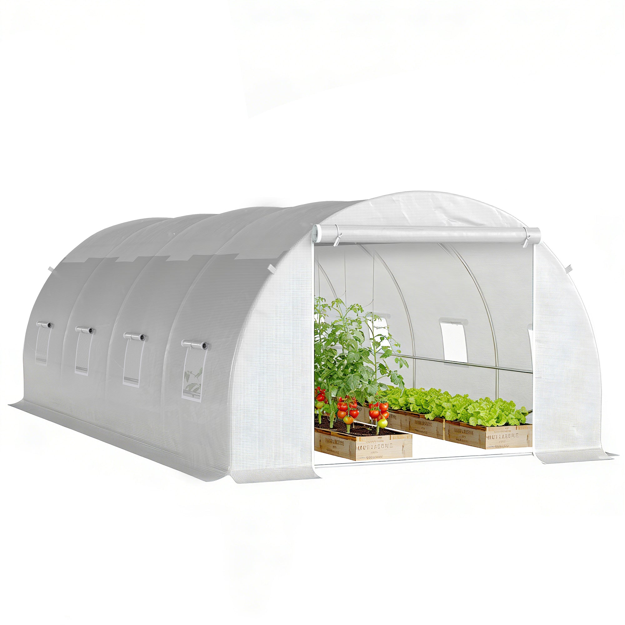 Outsunny 6 x 3 x 2 m Polytunnel Greenhouse, Walk in Polytunnel Tent with Metal Frame, Zippered Door and 8 Windows for Garden and Backyard, White