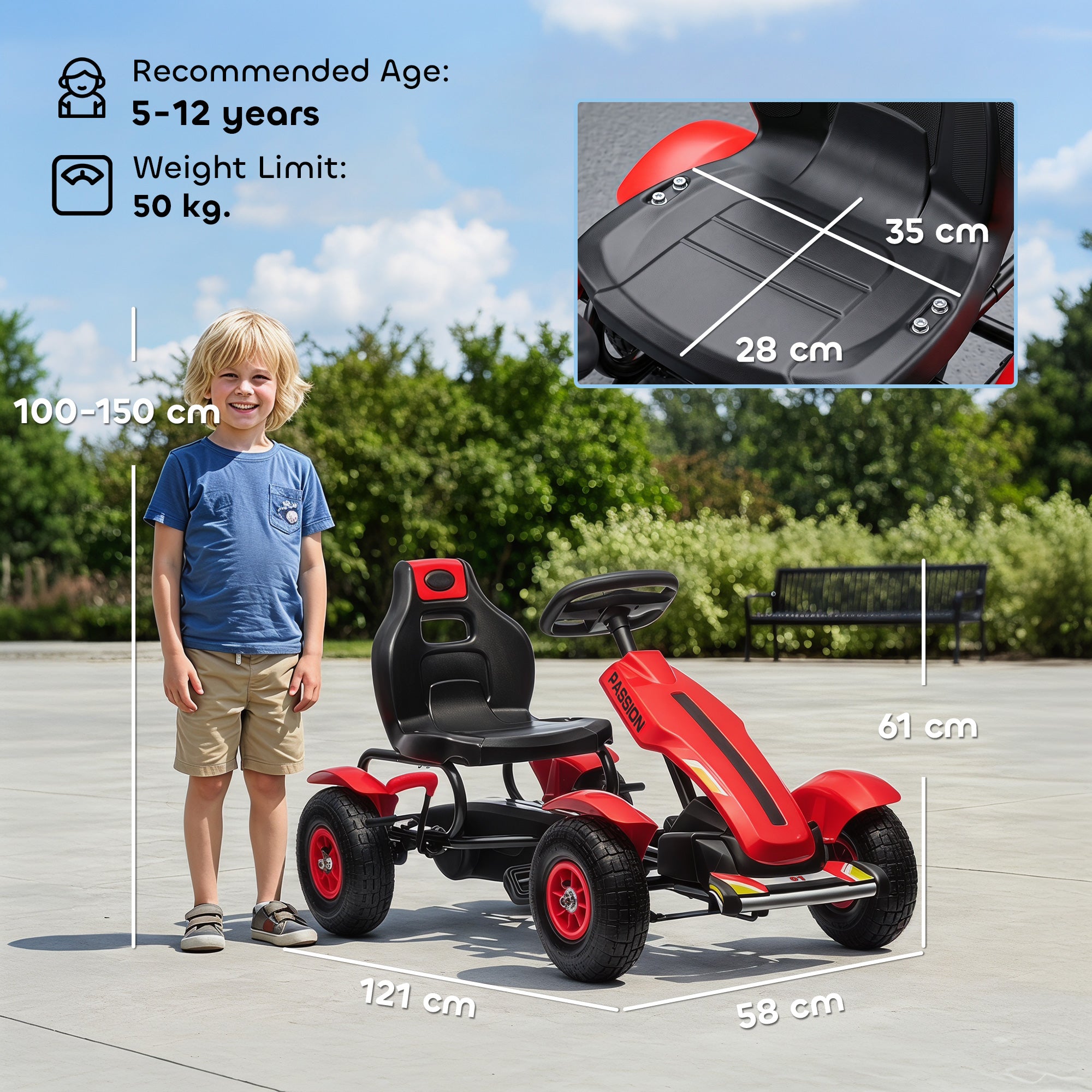 HOMCOM Children Pedal Go Kart, Kids Ride On Racer with Adjustable Seat, Inflatable Rubber Tyres, Handbrake, for Ages 5-12 Years - Red