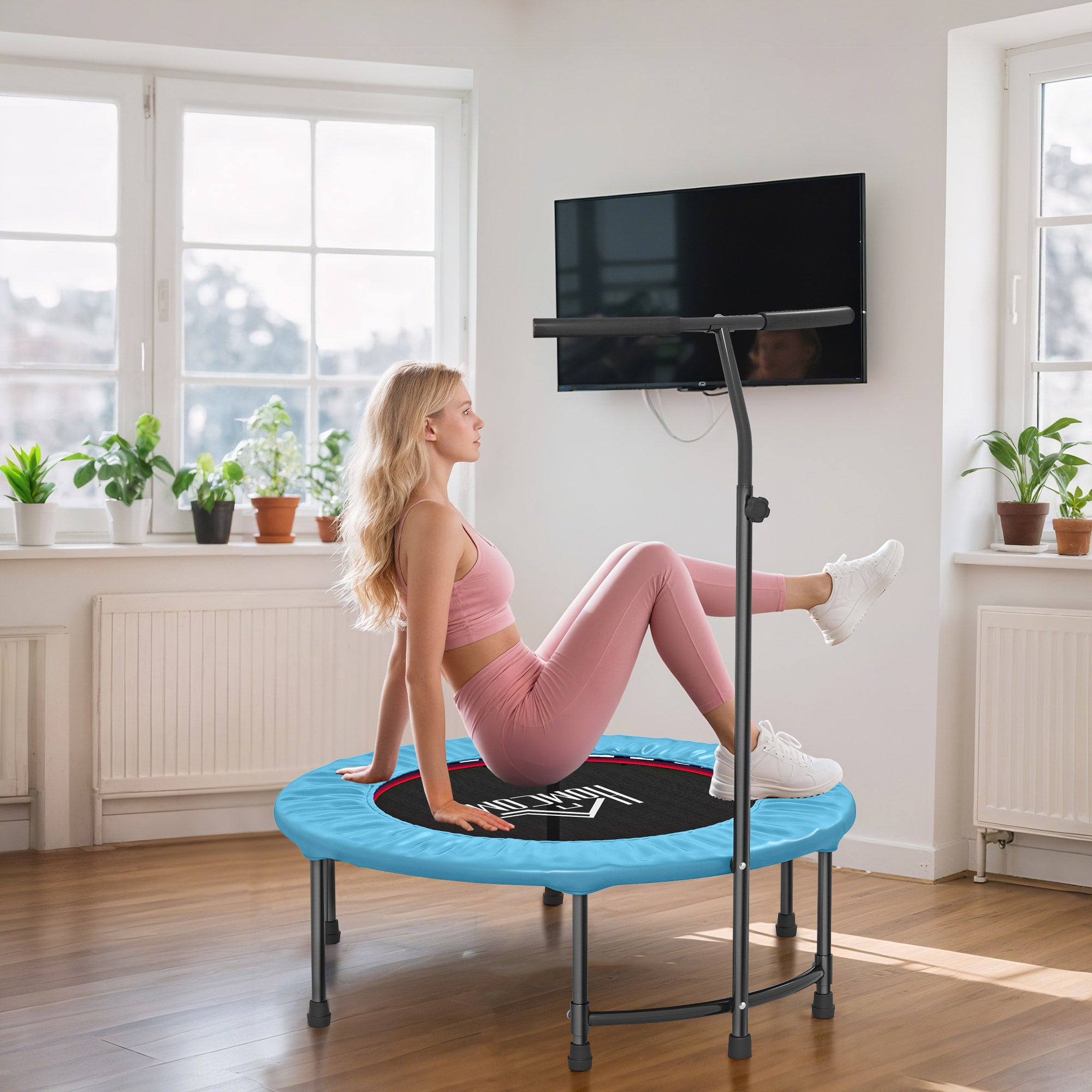 HOMCOM 40'' Fitness Trampoline with Adjustable Handle, Rebounder Trampoline Mini Jumper for Indoor Exercise Workout, Support Up to 100kg, Blue